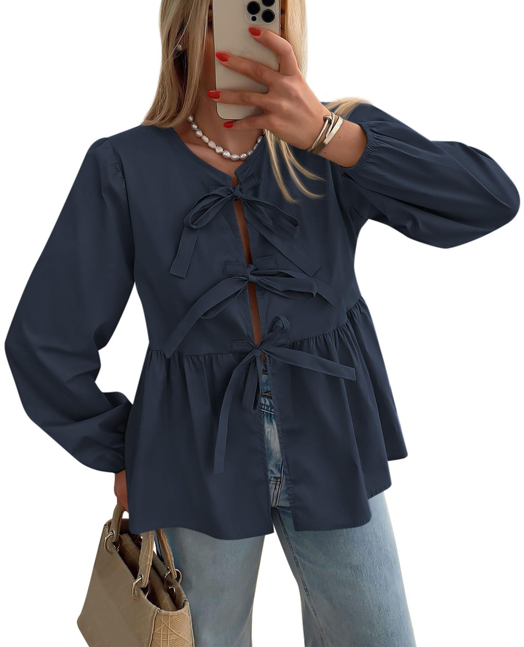 PRETTYGARDEN Women's Spring Fall Babydoll Peplum Blouse Shirt Puff Long Sleeve Bow Tie Front Trendy Cute Y2K Going Out Tops