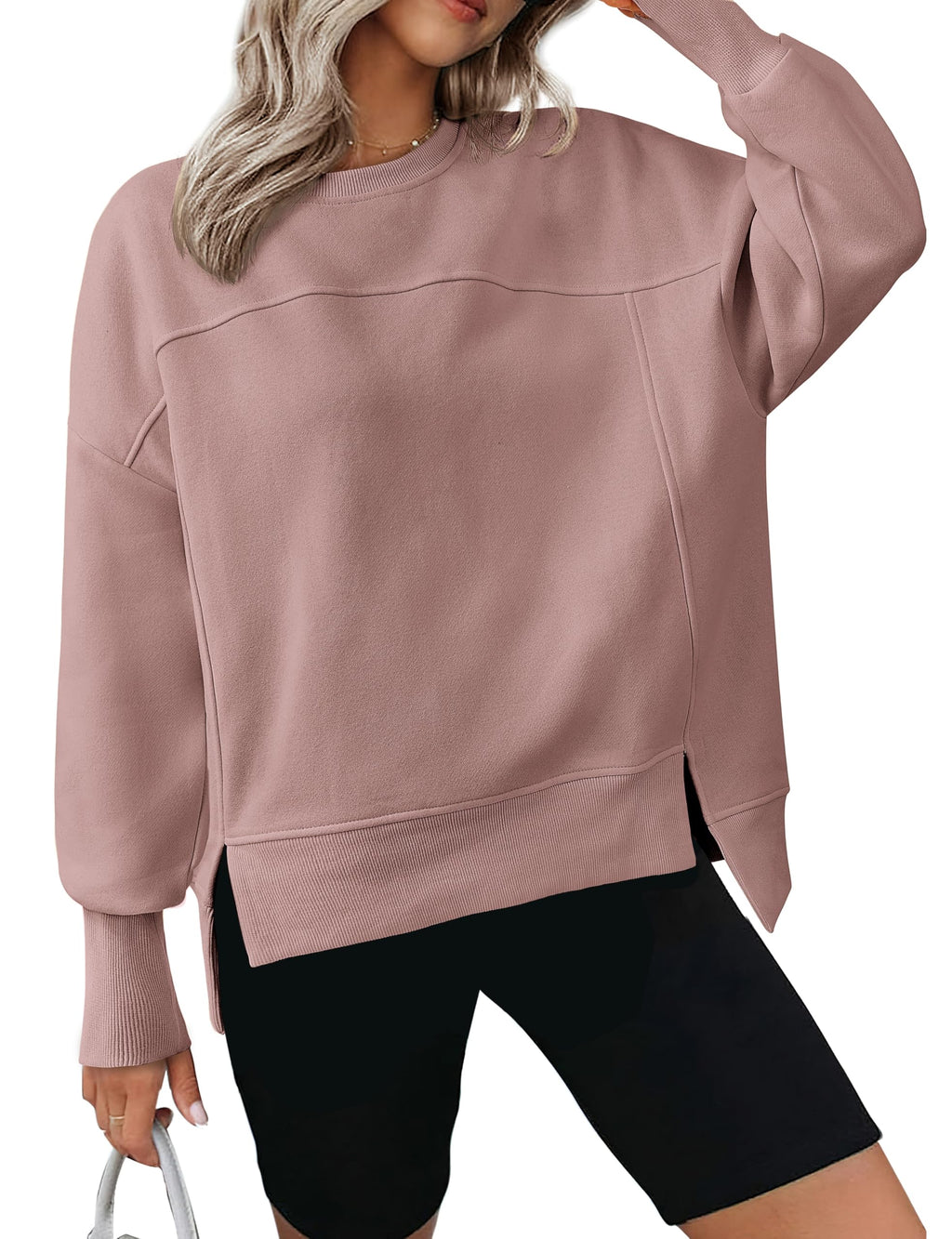 BTFBM Women's Casual Crewneck Sweatshirts Spring Long Sleeve Side Slit Workout Fleece Pullover Top Fashion Clothing
