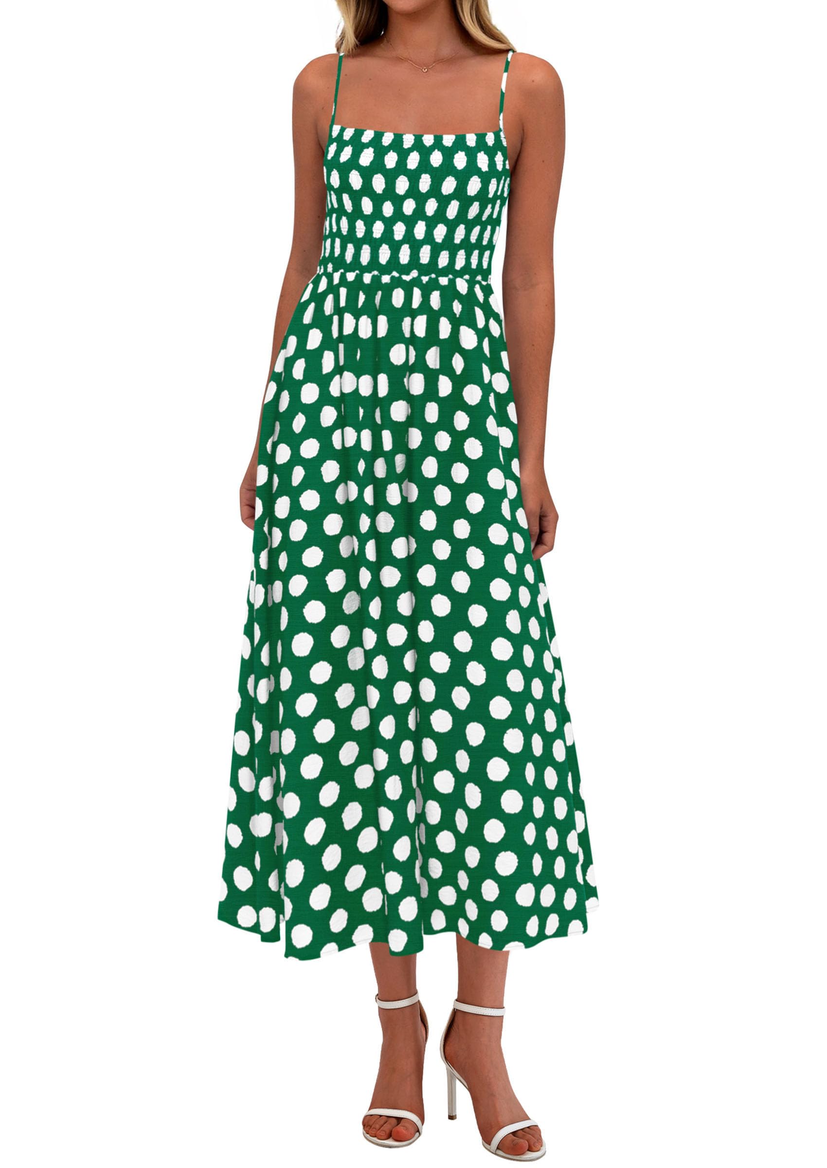 PRETTYGARDEN Womens Polka Dot Dress Summer Sleeveless Spaghetti Straps Smocked Sun Dress Flowy Spring Beach Midi Dresses