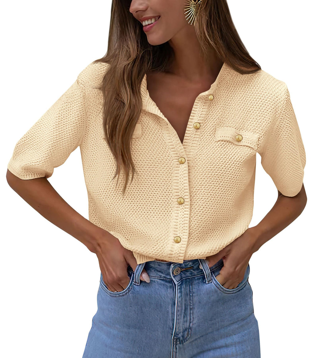 PRETTYGARDEN Women's Summer Button Down Shirts Casual Short Sleeve Crew Neck Ribbed Knit Blouse Top Cardigans