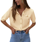 PRETTYGARDEN Women's Summer Button Down Shirts Casual Short Sleeve Crew Neck Ribbed Knit Blouse Top Cardigans