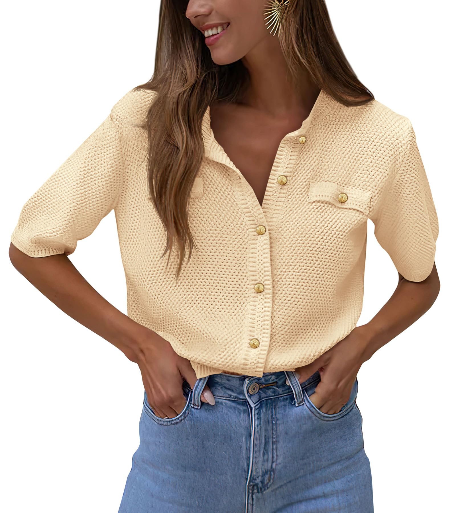 PRETTYGARDEN Women's Summer Button Down Shirts Casual Short Sleeve Crew Neck Ribbed Knit Blouse Top Cardigans
