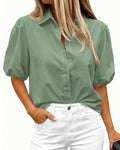 BTFBM Women's Button Down Shirts Short Puff Sleeve Collared V Nec Summer Tops Dressy Casual Work Business Blouses