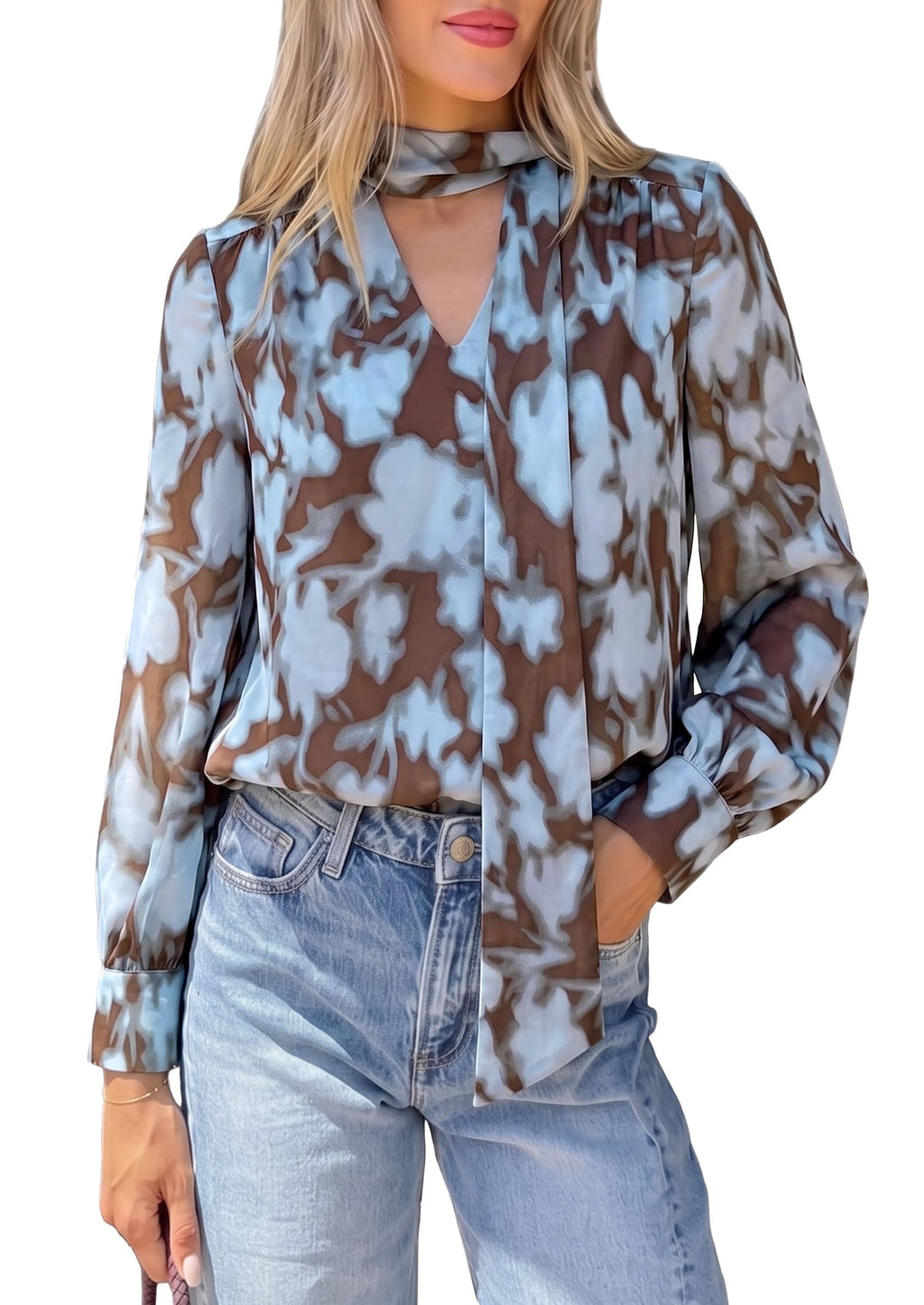 PRETTYGARDEN Women Chiffon Boho Blouses Dressy Casual Flowy Fall Tops, Long Sleeve V Neck Shirts with Tie, Elegant Date Night Outfit for Work Office, Going Out