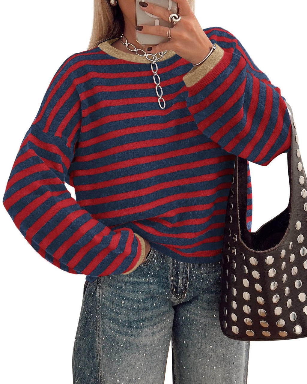 BTFBM Women's Lightweight Oversized Striped Sweater | Soft Knit Cozy Sweaters, Crew Neck Long Sleeve Pullover, y2k Color Block, Casual Holiday Outfits, Winter Fall Clothes