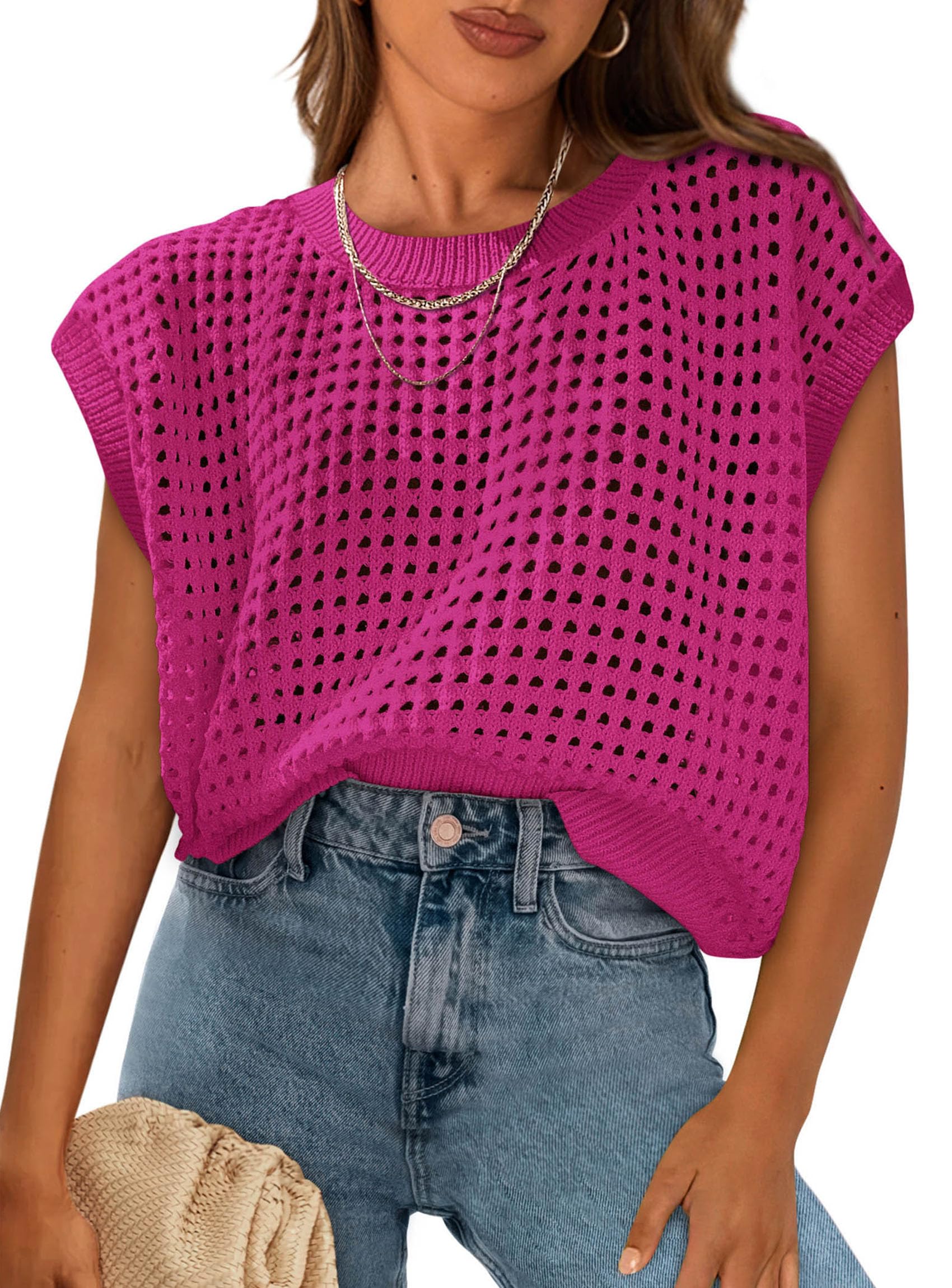 PRETTYGARDEN Womens Spring Tops Summer Shirts Crochet Cap Sleeve Sweater Pullover Cute Beach Vacation Clothes