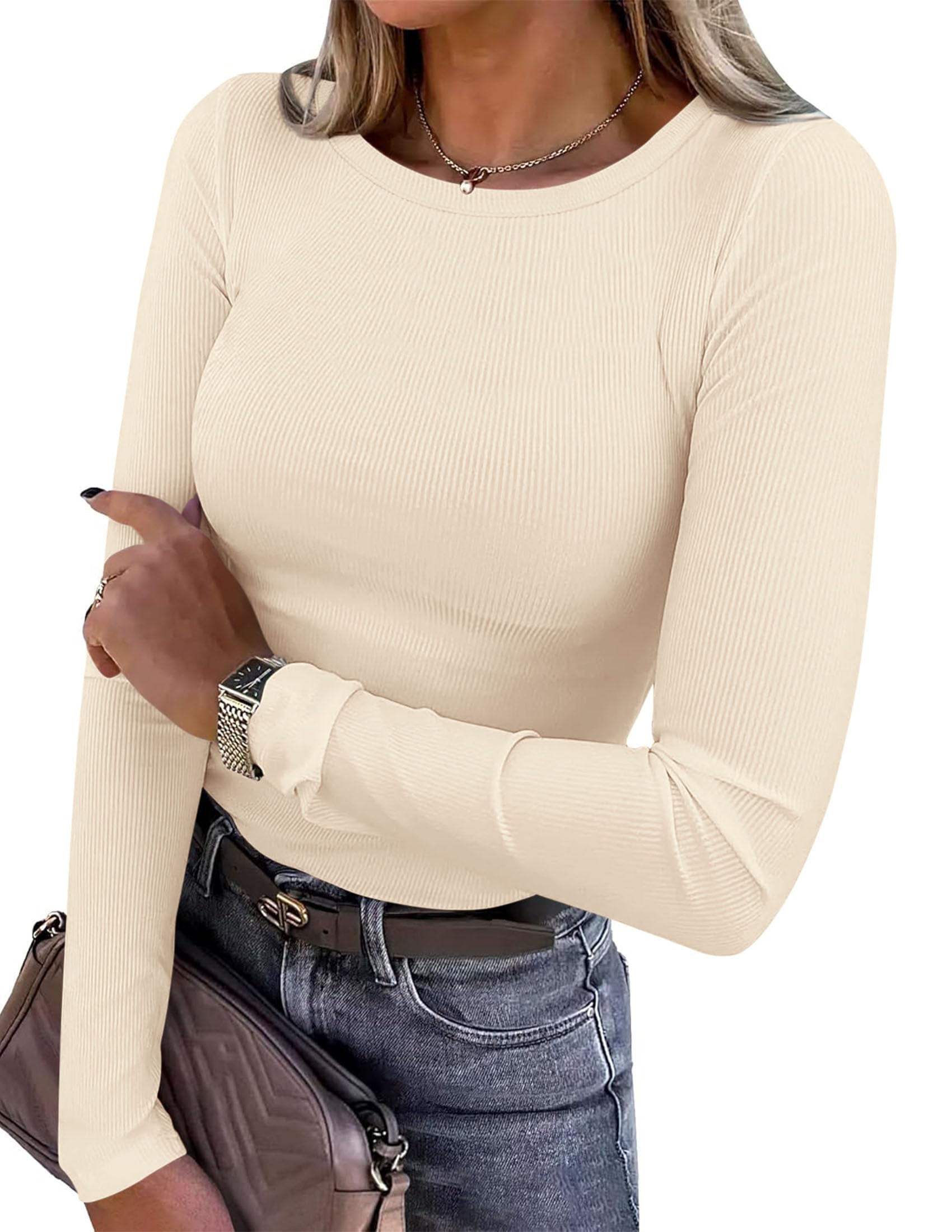 PRETTYGARDEN Women Fall Clothes Long Sleeve Shirts Ribbed Knit Fitted Basic Tee Going Out Tops Underscrub Casual Outfits