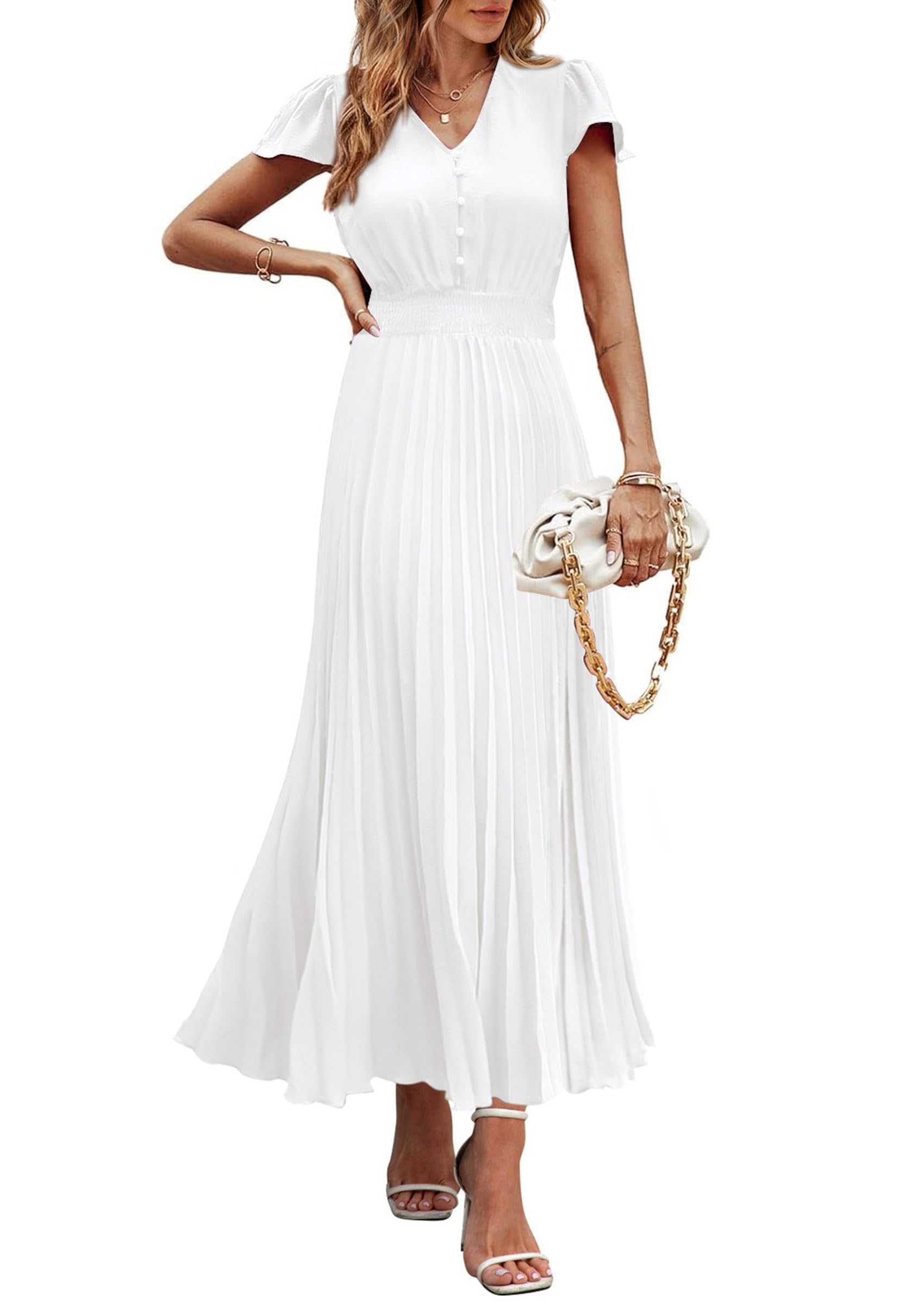 PRETTYGARDEN Women's Summer Maxi Dresses Trendy Casual Button V Neck Ruffle Cap Sleeve Long Flowy Spring Pleated Dress