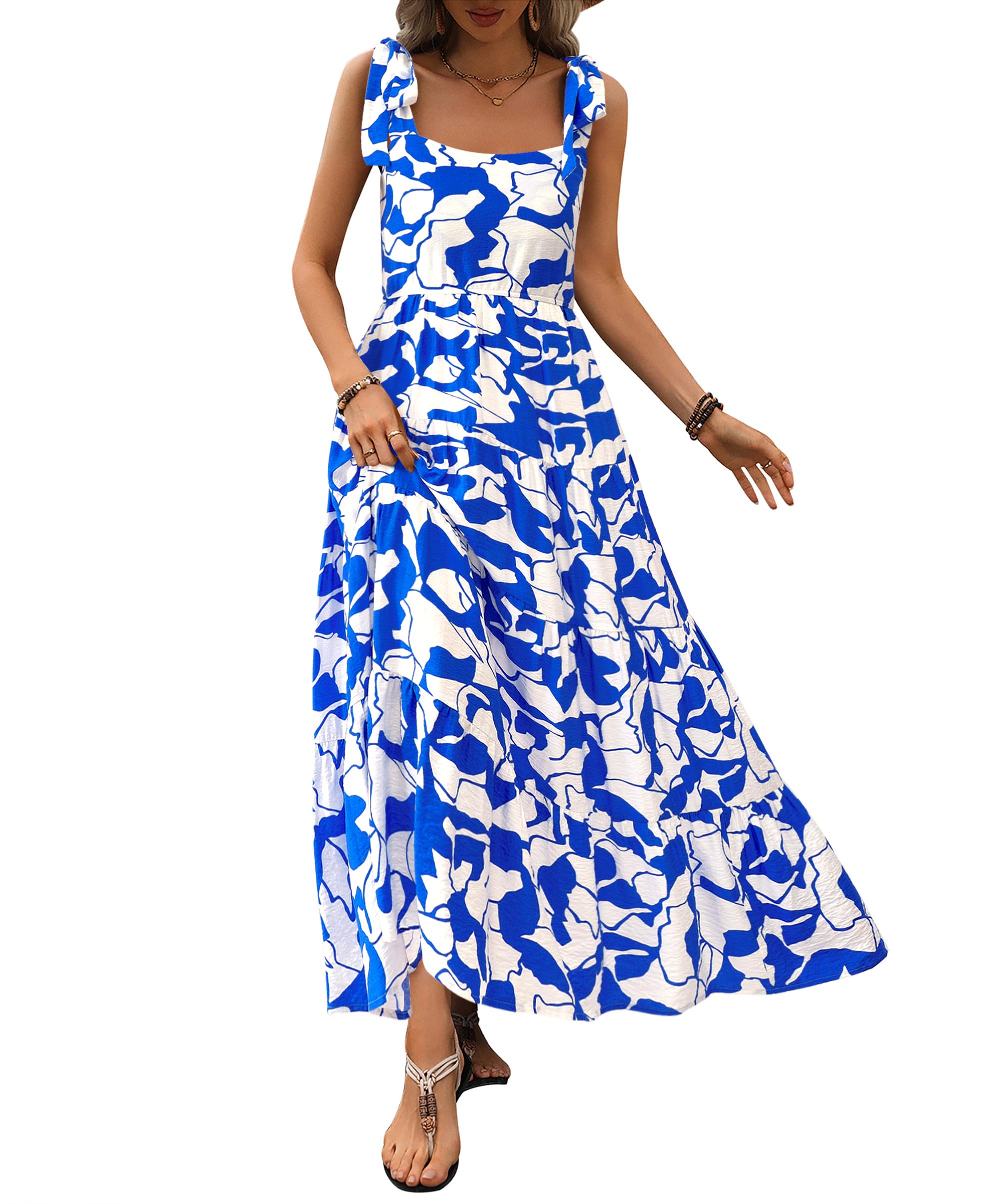PRETTYGARDEN Women Dresses Summer Floral Sleeveless Maxi Dress Casual Spaghetti Strap Tiered Flowy Beach Long Dress