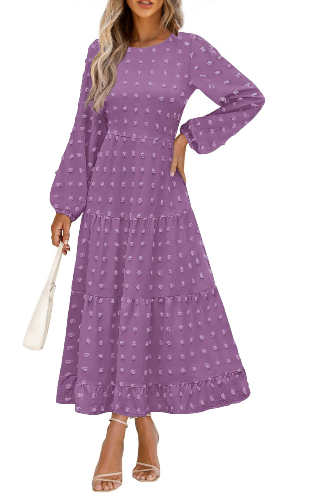 PRETTYGARDEN Women's Fall Spring Elegant Long Sleeve Maxi Dress Swiss Dot A Line Flowy Casual Holiday Party Going Out Dresses
