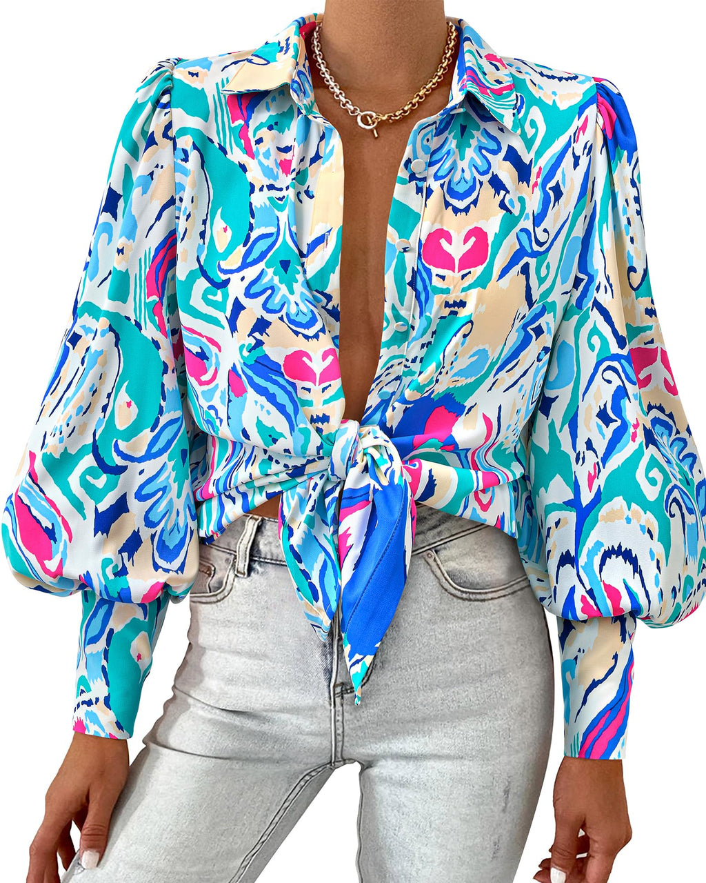 BTFBM Women Fashion Button Down Shirts V Neck Boho Printed Long Sleeve Blouses Dressy Casual Spring Fall Tops
