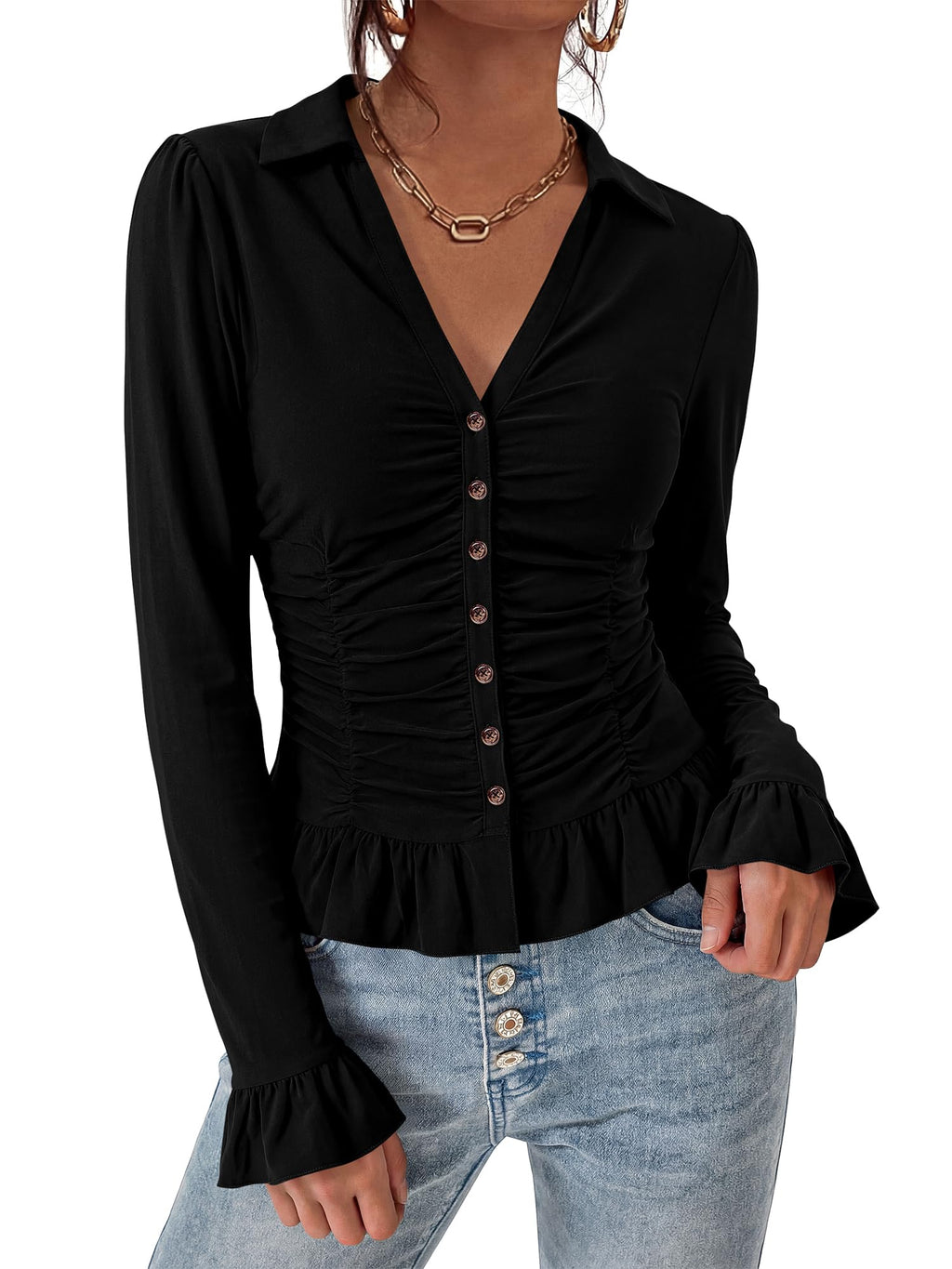 BTFBM Fitted Button Down Shirts for Women Dressy Casual Tops Collar V Neck Long Sleeve Ruched Tops, Stretchy Ruffle Blouses, Fall Fashion Clothing, Work Date Night Going Out Outfits