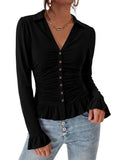 BTFBM Fitted Button Down Shirts for Women Dressy Casual Tops Collar V Neck Long Sleeve Ruched Tops, Stretchy Ruffle Blouses, Fall Fashion Clothing, Work Date Night Going Out Outfits