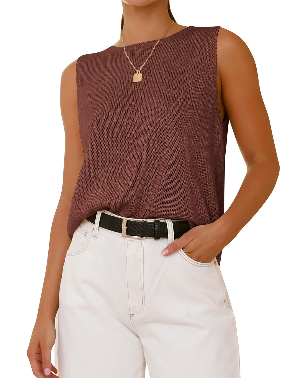 FreshPretty Women's Sleeveless Sweater Vest Summer Crew Neck Ribbed Knit Lightweight Pullover Casual Loose Fit Tank Tops