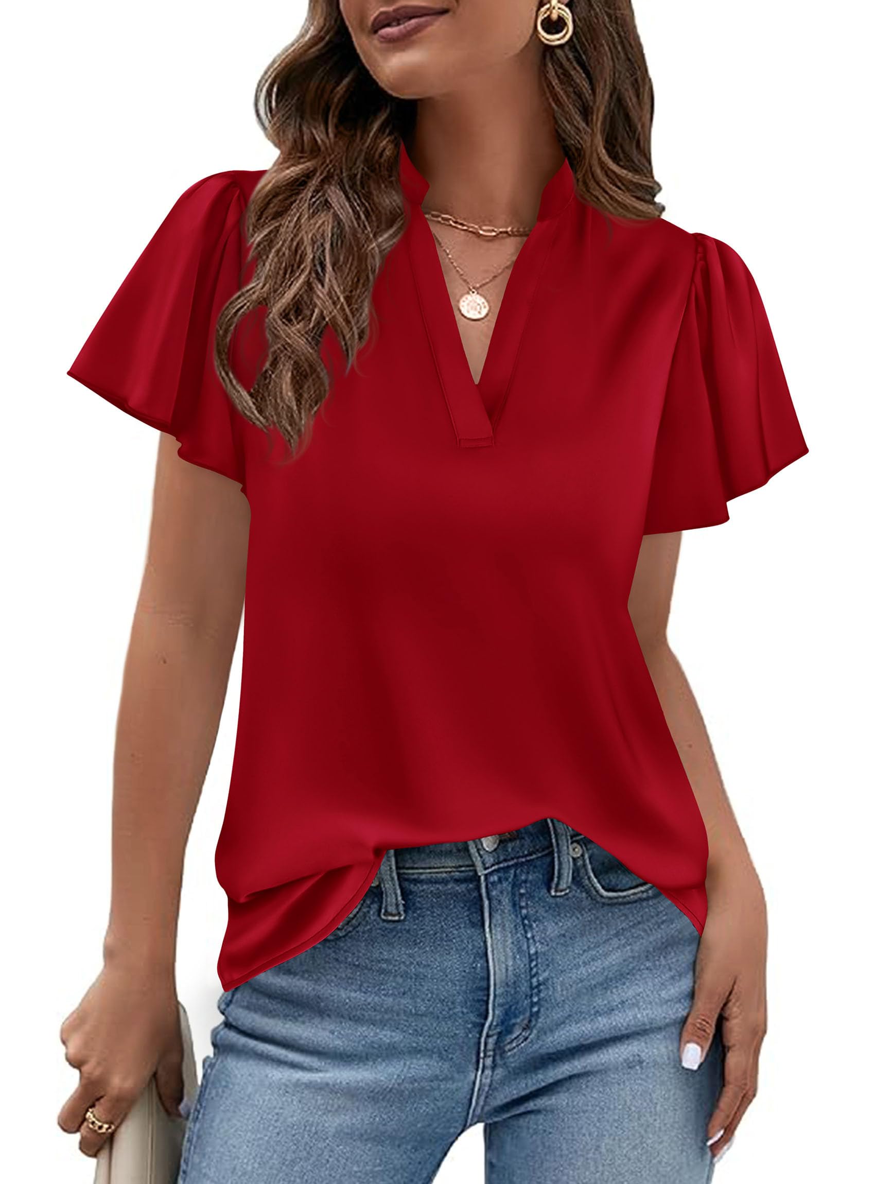 PRETTYGARDEN Women's Summer Satin Blouses Dressy Casual Ruffle Cap Sleeve V Neck Business Work Cute Tops Spring Outfits