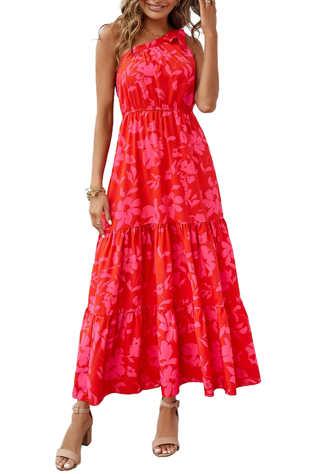 PRETTYGARDEN Women's Summer Floral One Shoulder Maxi Dress Knot Ruffle Boho Beach Vacation Wedding Guest Long Sun Dresses