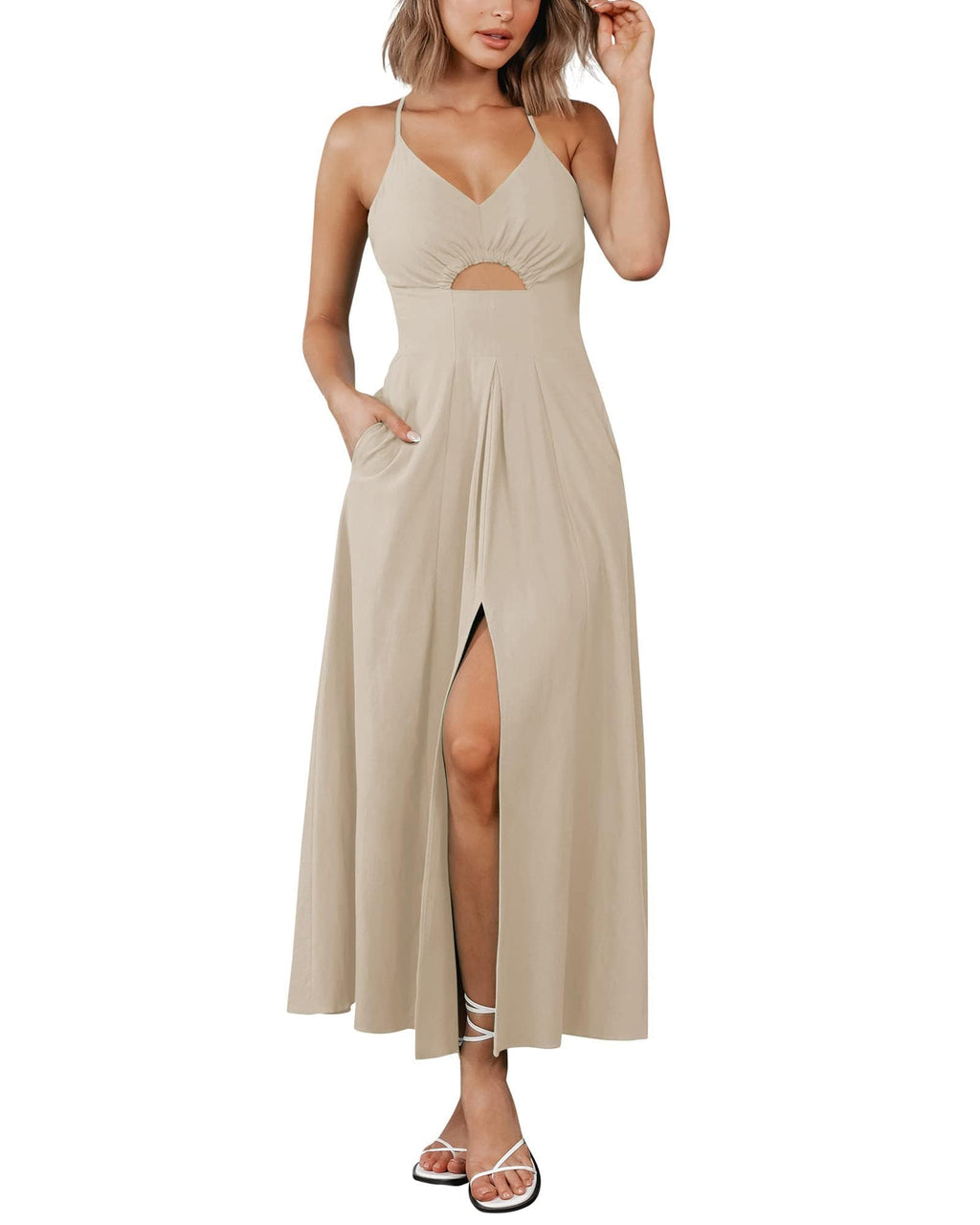 BTFBM Women Spaghetti Strap Midi Summer Dresses Sleeveless V Neck Cutout Slit Casual Beach Party Maxi Dress Pockets