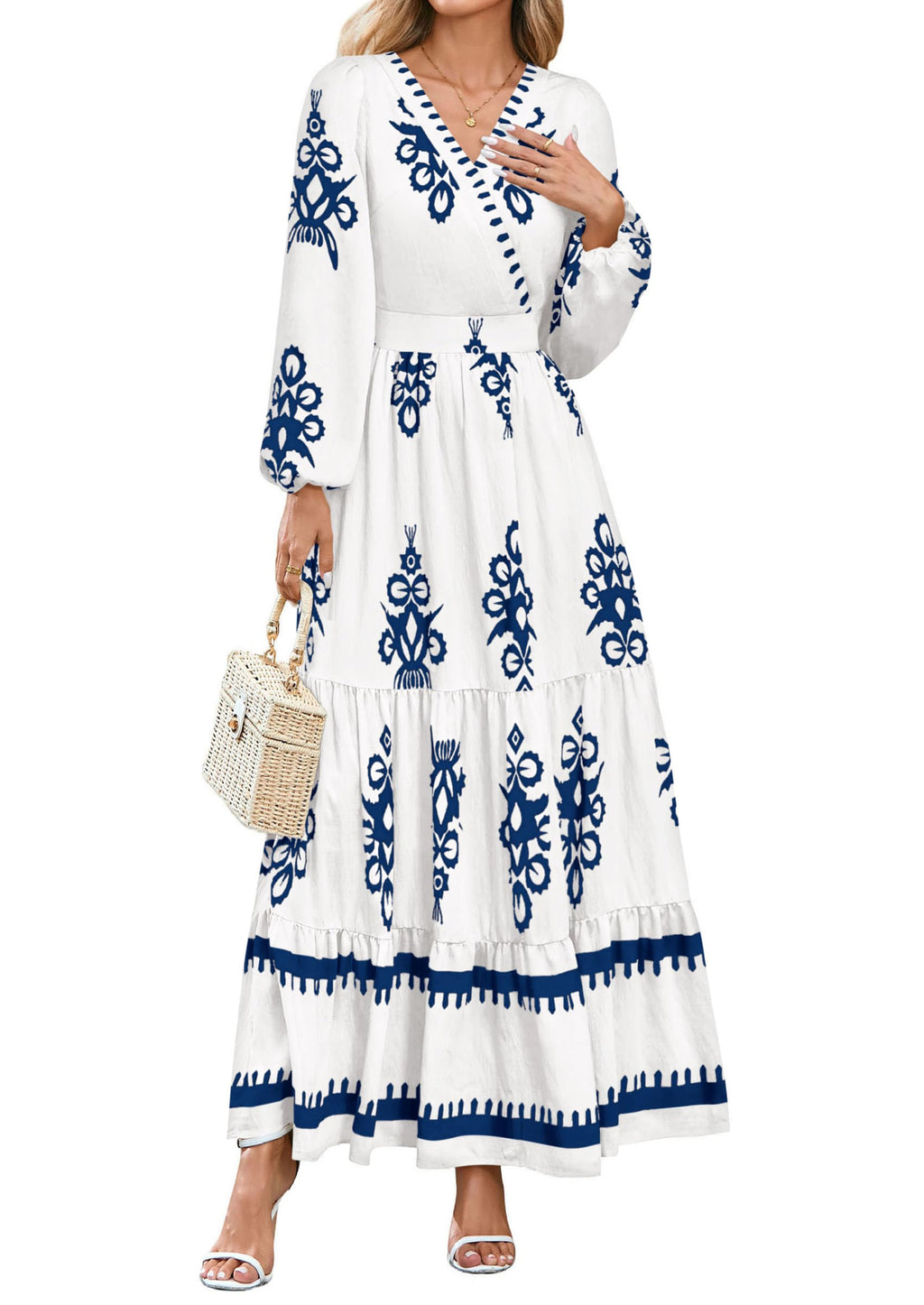 PRETTYGARDEN Women's Fall Wedding Guest Dresses Boho Floral Long Sleeve V Neck Flowy Elegant Maxi Dress Beach Clothes