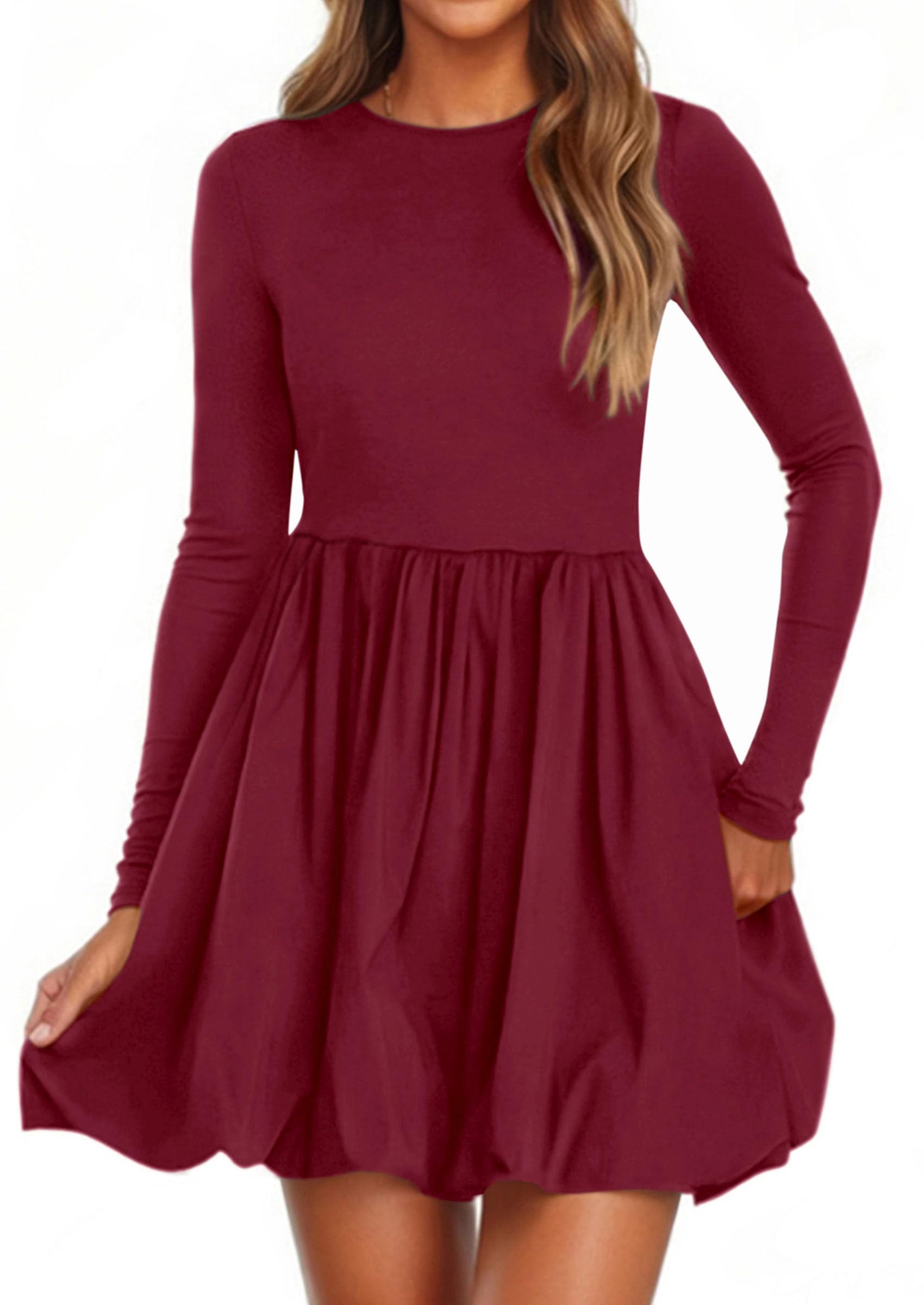 PRETTYGARDEN Fall Dresses for Women Casual Long Sleeve Bubble Cute Crew Neck A Line Mini Short Dress with Pockets