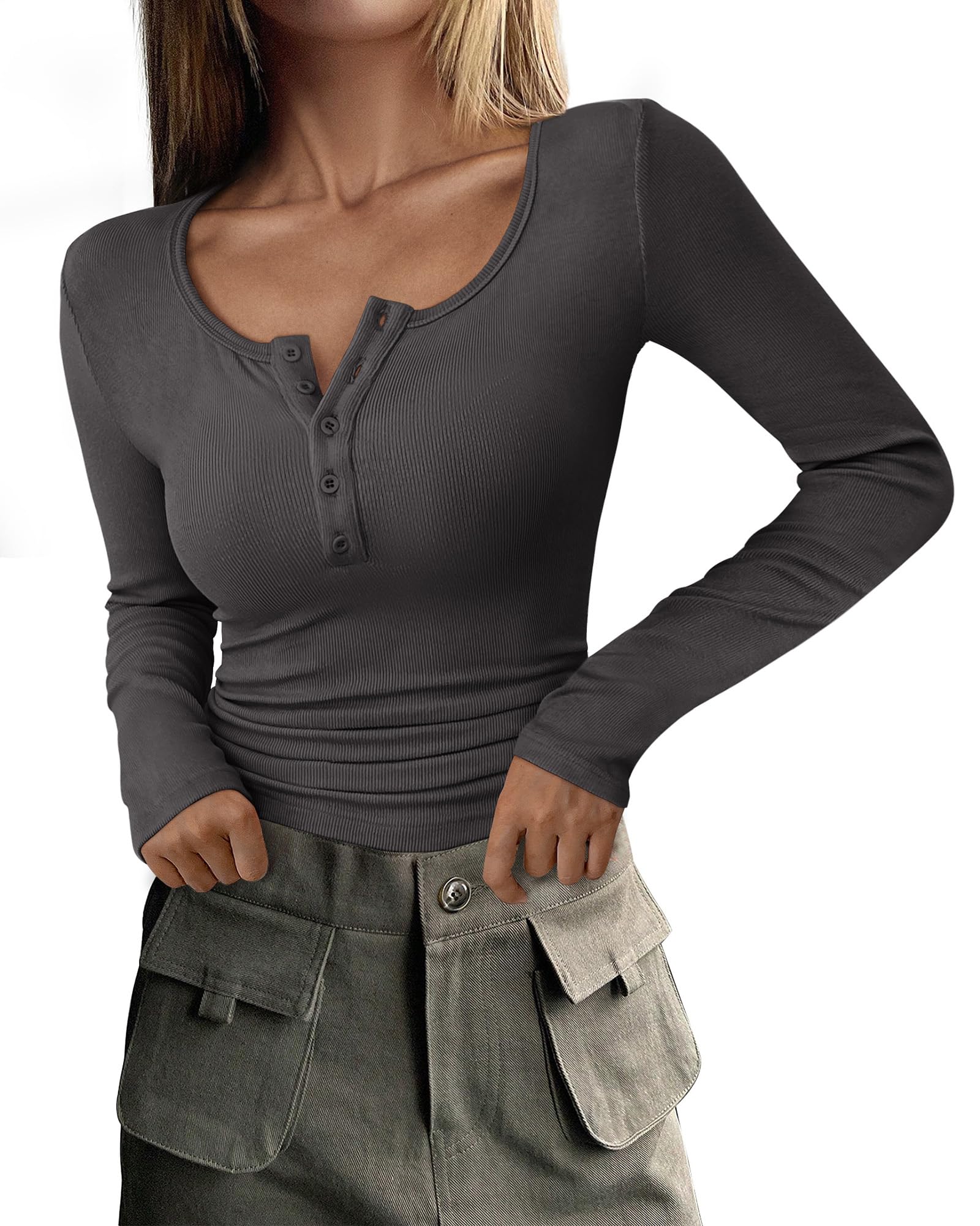 PRETTYGARDEN Women's Fall Long Sleeve Henley T Shirts Button Ribbed Knit Slim Fit Basic Tops Blouse Casual Outfits