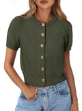 PRETTYGARDEN Womens Casual Summer Short Sleeve Cardigans Button Down Knitted Sweater Basic Crew Neck Crop Tops