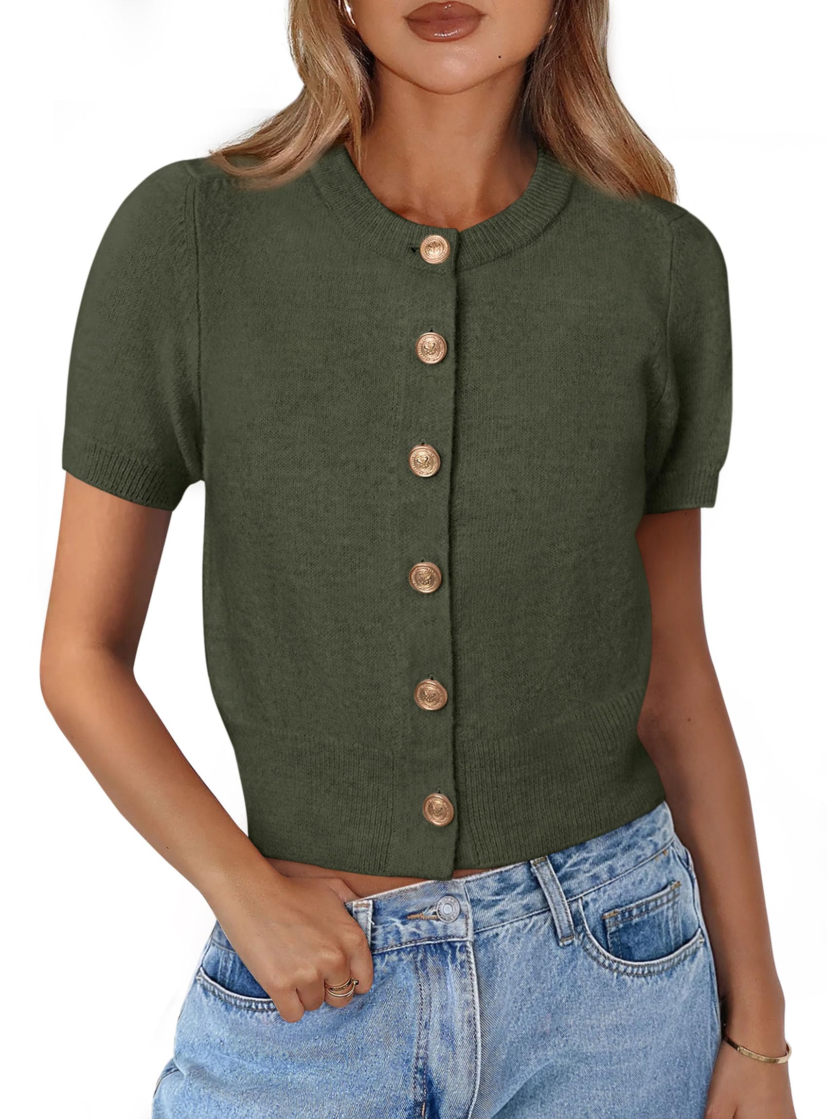 PRETTYGARDEN Womens Casual Summer Short Sleeve Cardigans Button Down Knitted Sweater Basic Crew Neck Crop Tops