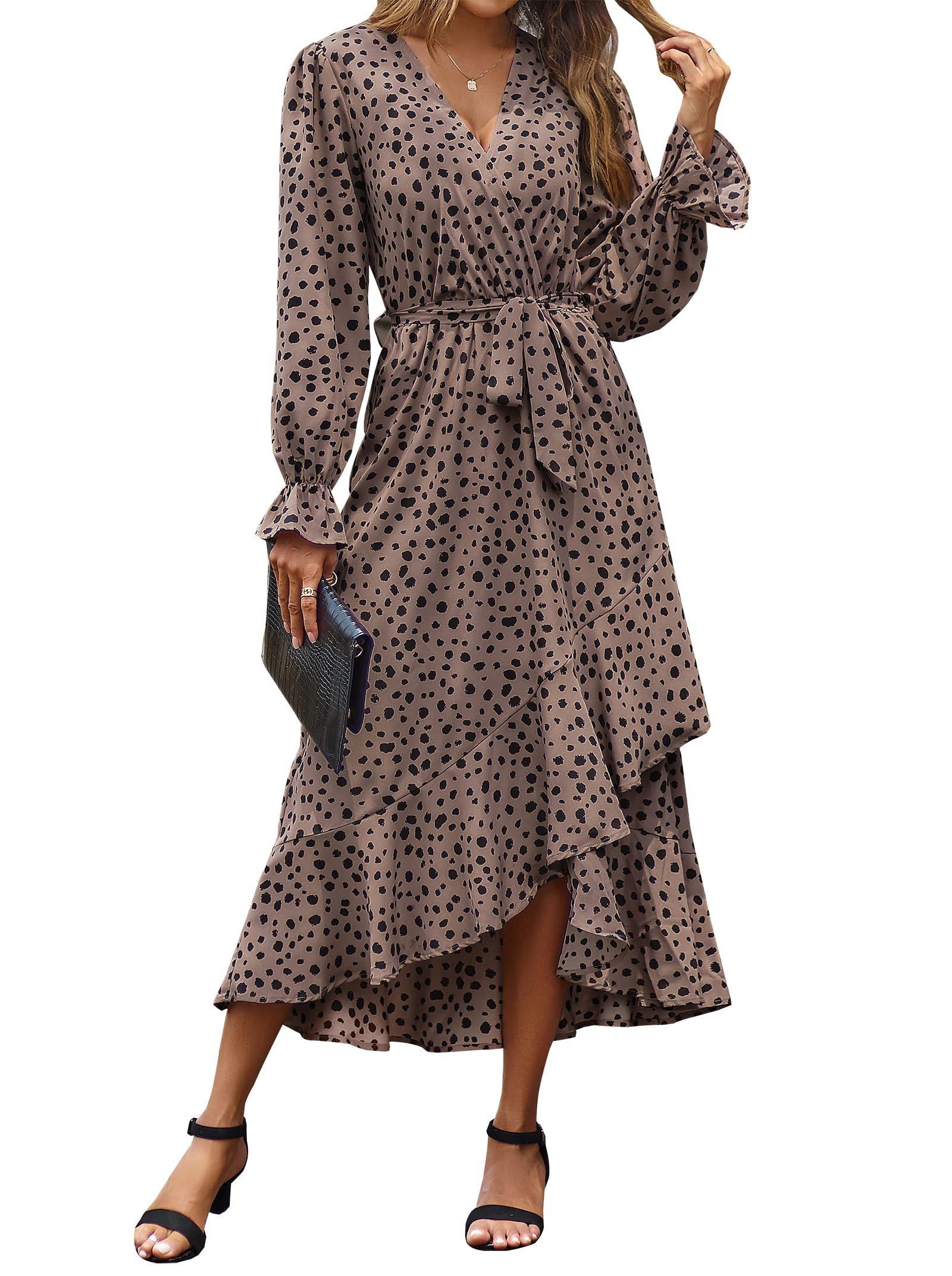 BTFBM Womens Dresses Summer V Neck Floral High Waist Ruffle Wedding Guest Cocktail Boho Spring Long Sleeve Dress