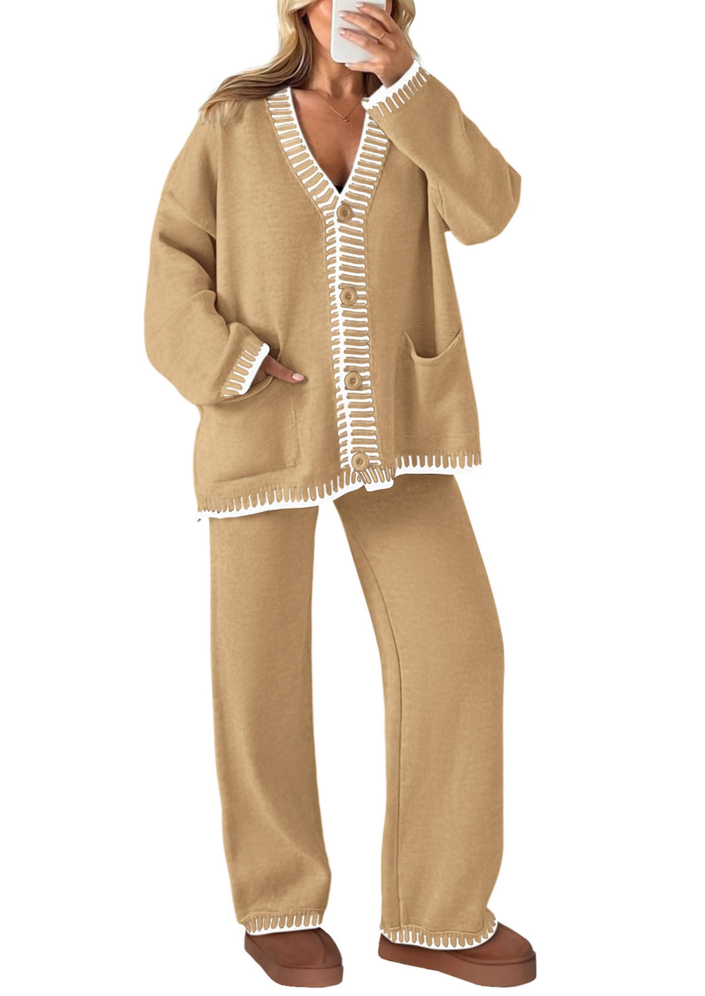 PRETTYGARDEN Lounge Sets for Women Fall Loungewear 2 Piece Outfits Cardigan Sweaters Track Suit Matching Winter Clothing