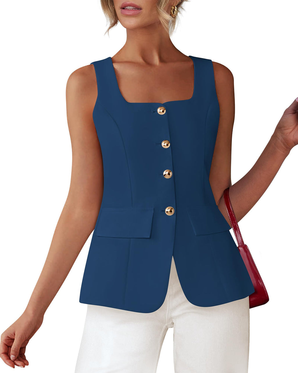 BTFBM Womens Sleeveless Suit Vests Dressy Casual Square Neck Business Work Waistcoat Spring Button Blazer Vest Tops