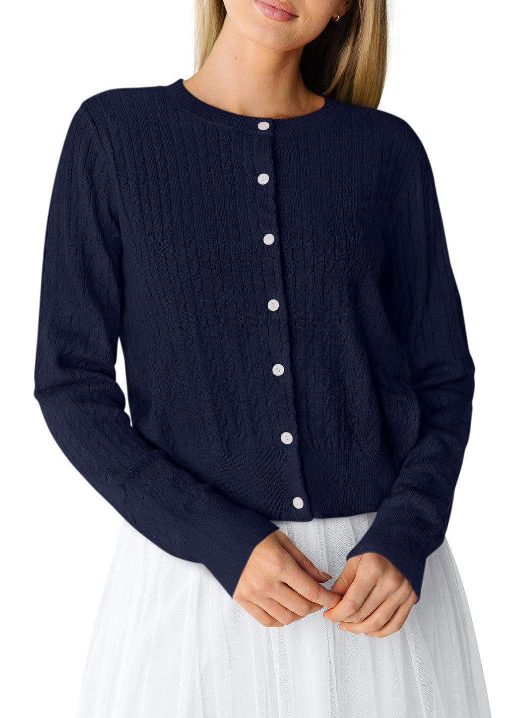 PRETTYGARDEN Women Lightweight Button Up Cardigan Sweaters | Soft Stretchy, Cozy Cable Knit, Long Sleeve Crew Neck, Trendy Cardigans, Cute Casual Outfits, Early Fall Fashion Clothing