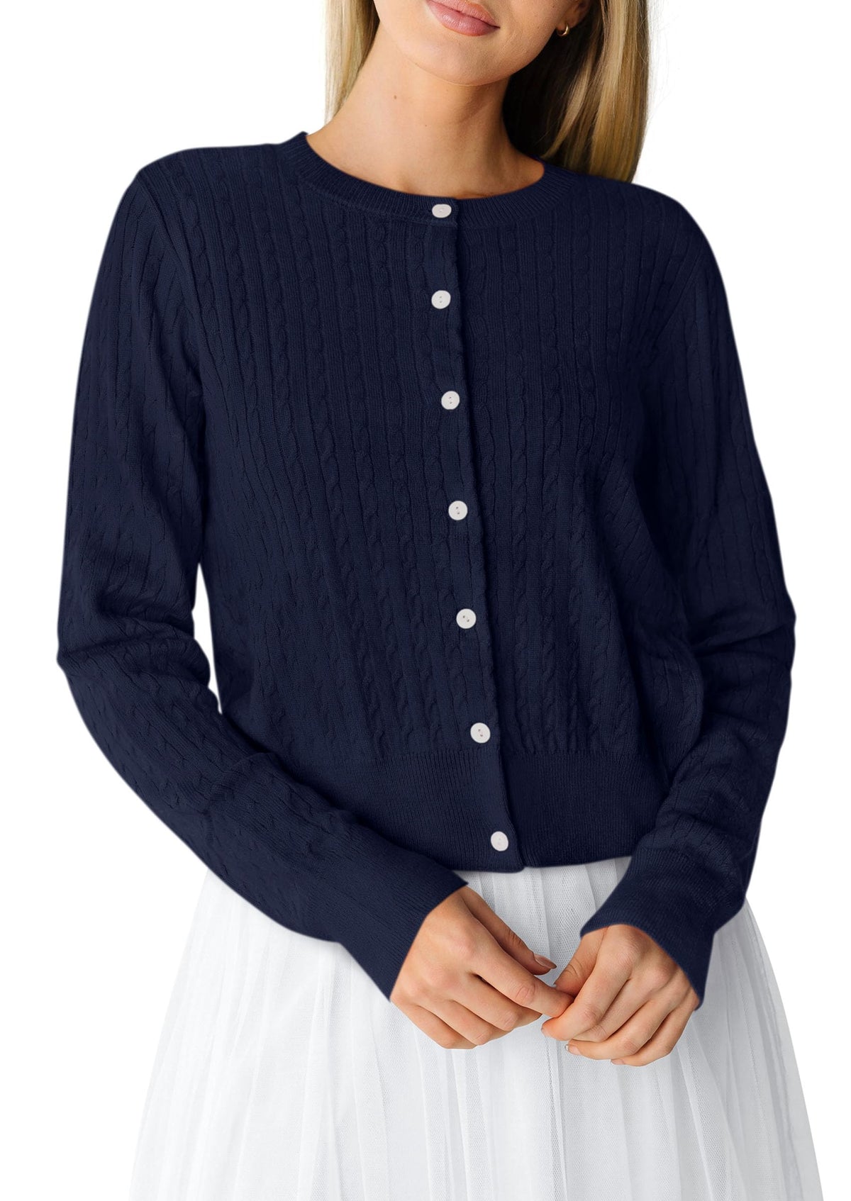 PRETTYGARDEN Women Lightweight Button Up Cardigan Sweaters | Soft Stretchy, Cozy Cable Knit, Long Sleeve Crew Neck, Trendy Cardigans, Cute Casual Outfits, Early Fall Fashion Clothing