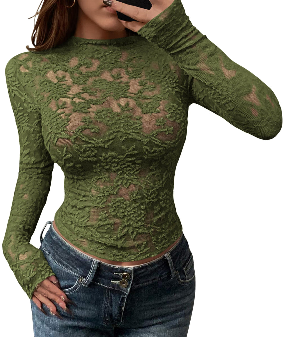 BTFBM Mesh Long Sleeve Tops for Women Lace Sheer Tight See Through Crew Neck Spring Fall Party Club Outfits