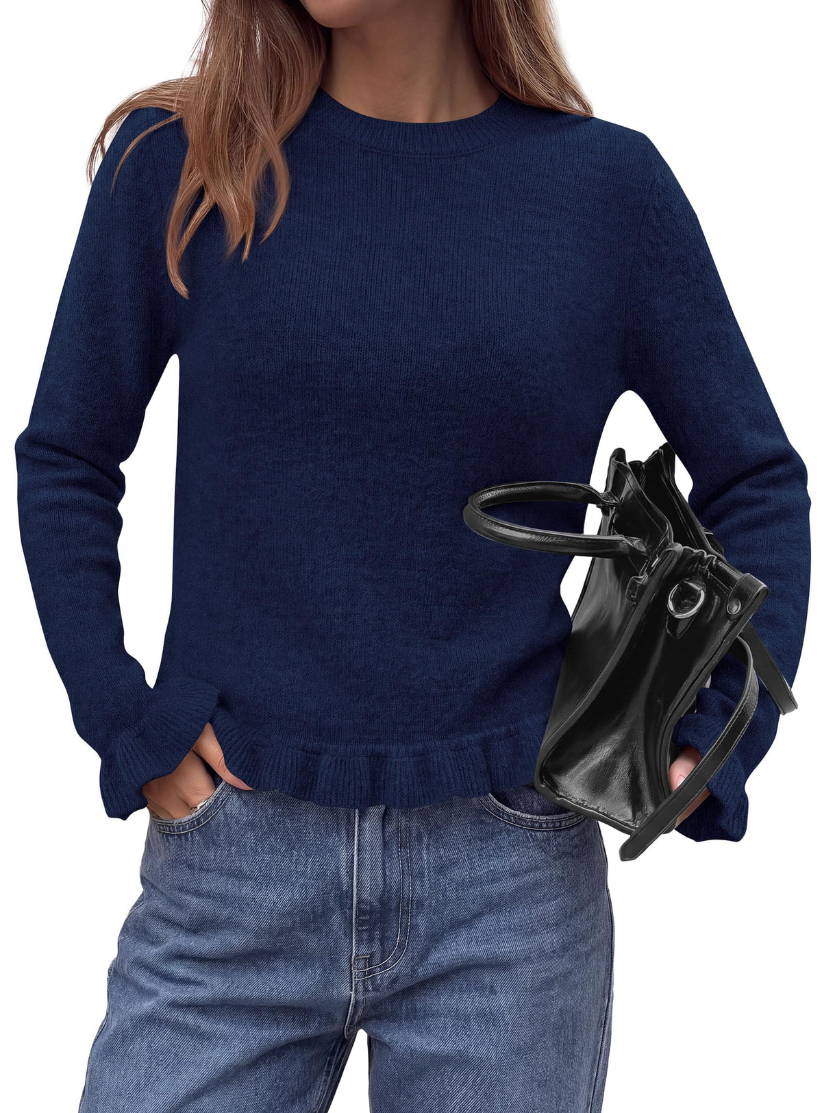 PRETTYGARDEN Women's Ruffle Sweaters Fall Fashion Cozy Knit Pullover Soft Stretchy, Crewneck Long Sleeve, Cute Peplum Tops, Dressy Casual Blouses, Going Out Holiday, Trendy Winter Outfits