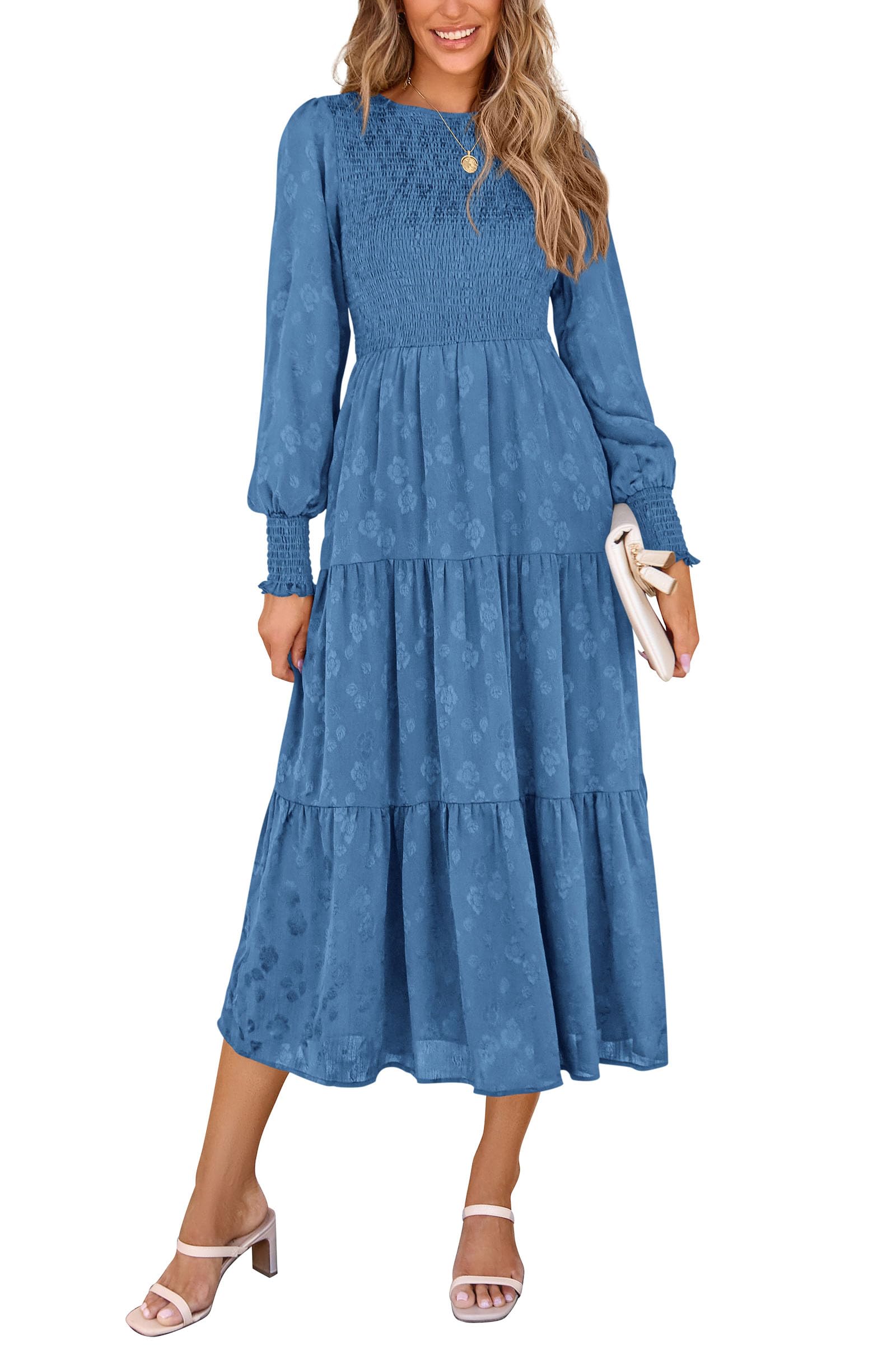 PRETTYGARDEN Women's Fall Spring Midi Dress Long Sleeve Floral Smocked Elegant Wedding Guest Long Flowy Dresses with Pockets