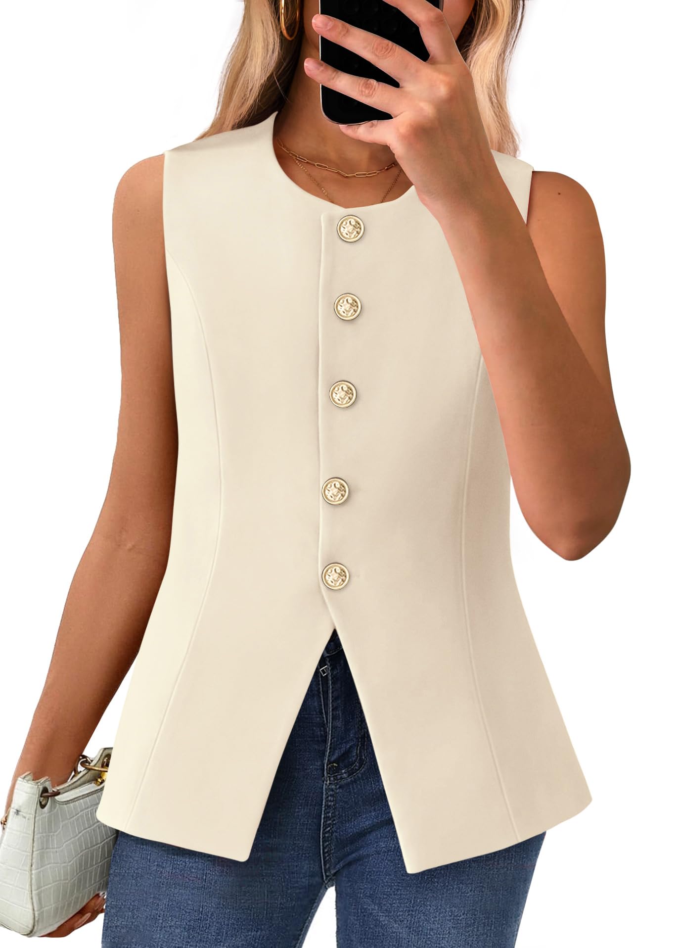 BTFBM Summer Sleeveless Blazer Vest For Women Dressy Button Down Round Neck Business Casual Outfits Work Suit Vests Tops