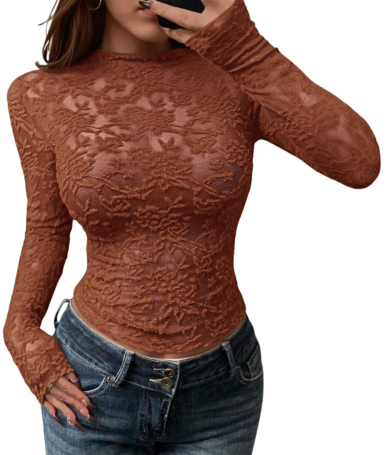 BTFBM Mesh Long Sleeve Tops for Women Lace Sheer Tight See Through Crew Neck Spring Fall Party Club Outfits
