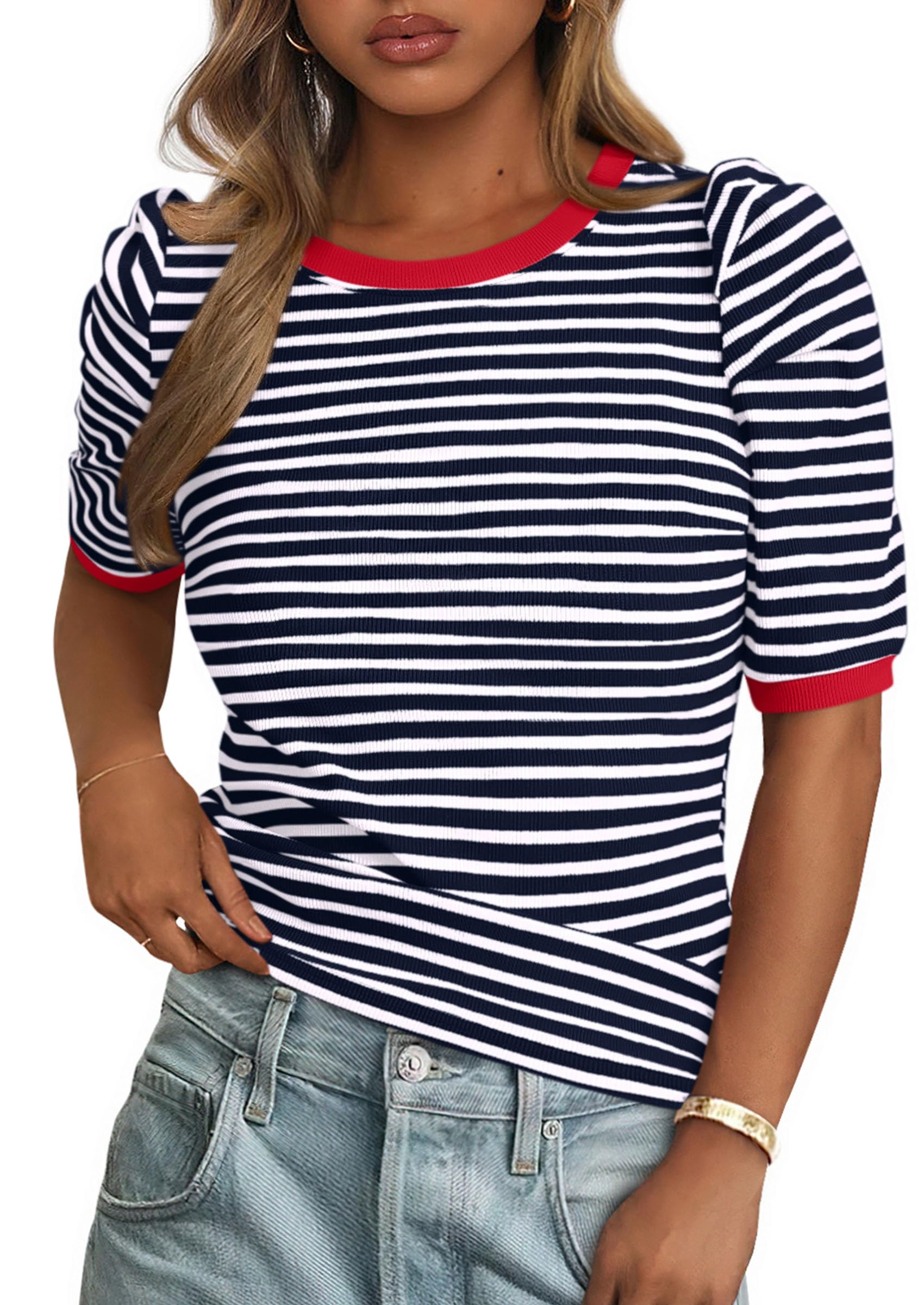 PRETTYGARDEN Women's Summer Puff Sleeve Tops Casual Ribbed Knit Crop Top Color Block Trendy Crewneck Striped Shirts