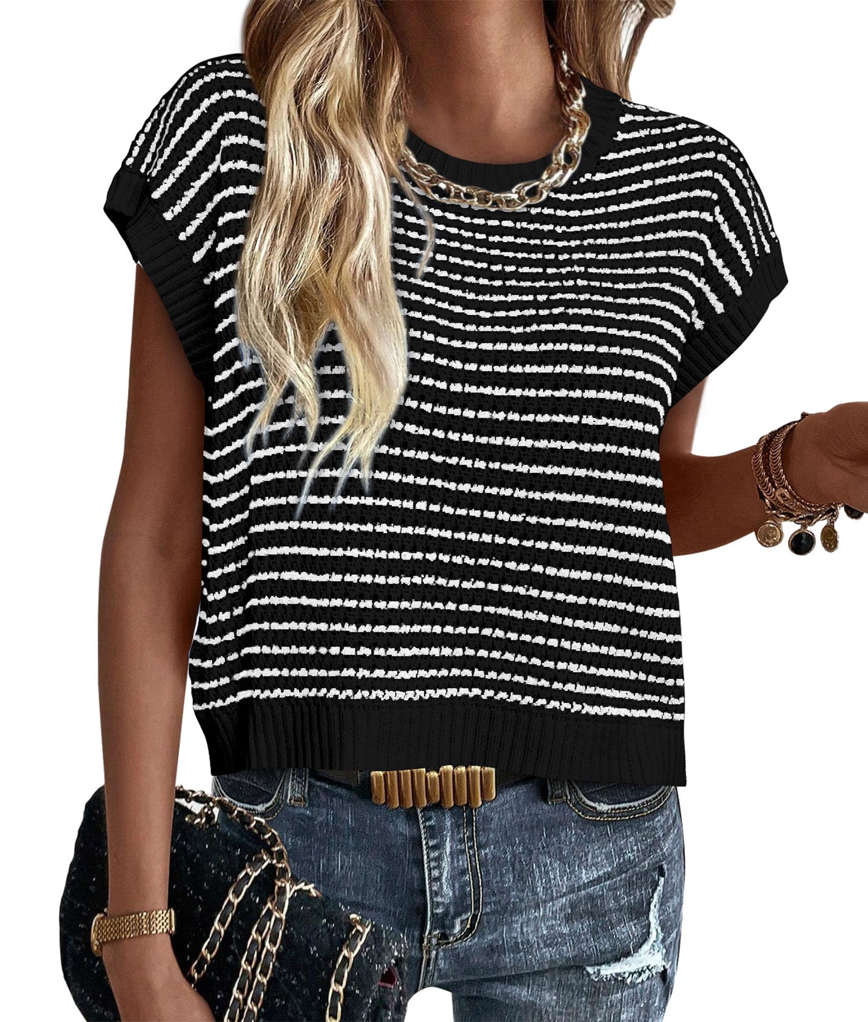 PRETTYGARDEN Womens Short Sleeve Sweater Spring Summer Round Neck Striped Pullover Cap Sleeve Knit Sweater Vest Tops
