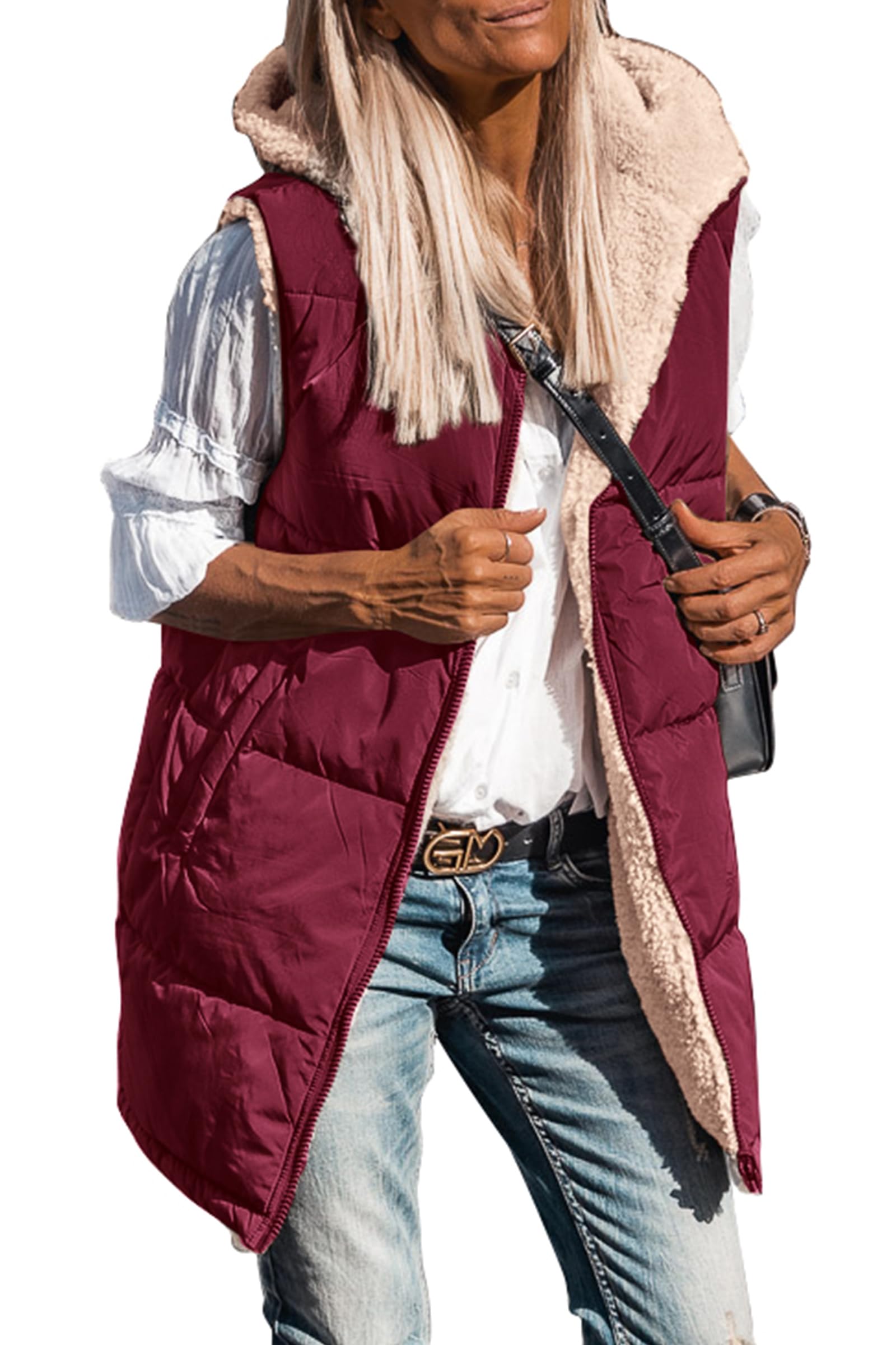 PRETTYGARDEN Womens Fall Reversible Long Vests Sleeveless Fleece Jacket Zip Up Hoodie Pockets Warm Coat Winter Clothing