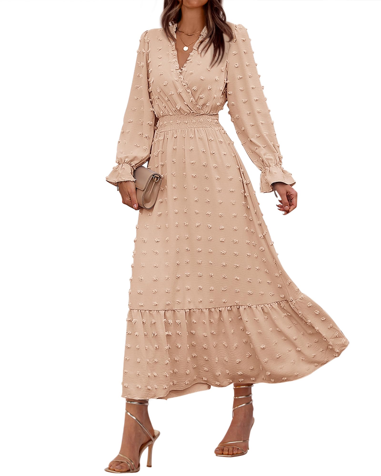 FreshPretty Women Fall Maxi Dresses Long Sleeve V Neck Swiss Dots High Waisted A-Line Ruffle Boho Long Dress Vacation