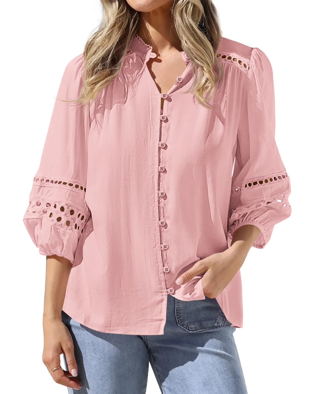 BTFBM 3/4 Length Sleeve Womens Tops Summer Blouses Eyelet Hollow Out Button Down Shirts Business Casual Outfits
