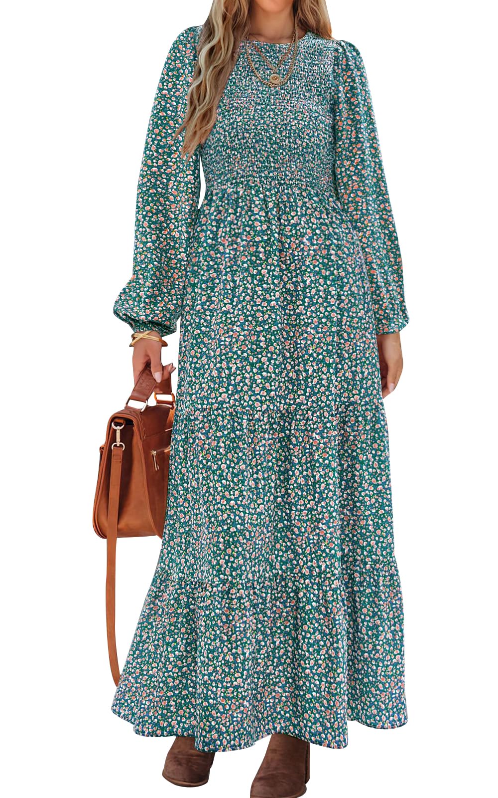 PRETTYGARDEN Women's Fall Dresses Long Sleeve Flowy Casual Floral Maxi Dress Crew Neck Smocked Tiered Long Dress