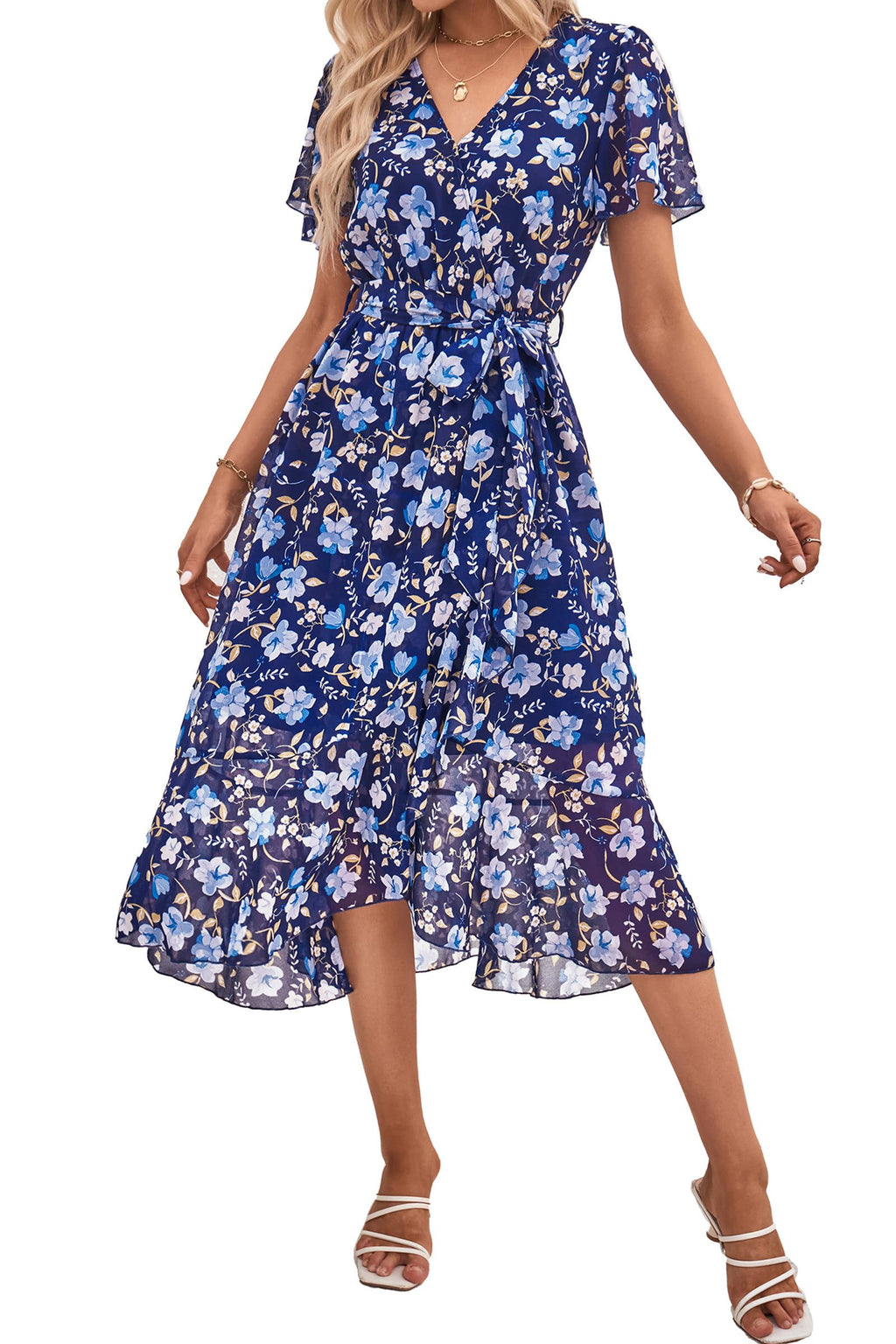 PRETTYGARDEN Women's Summer Floral Boho Maxi Dress Wrap Short Sleeve V Neck Ruffle A-Line Flowy Wedding Guest Long Dresses