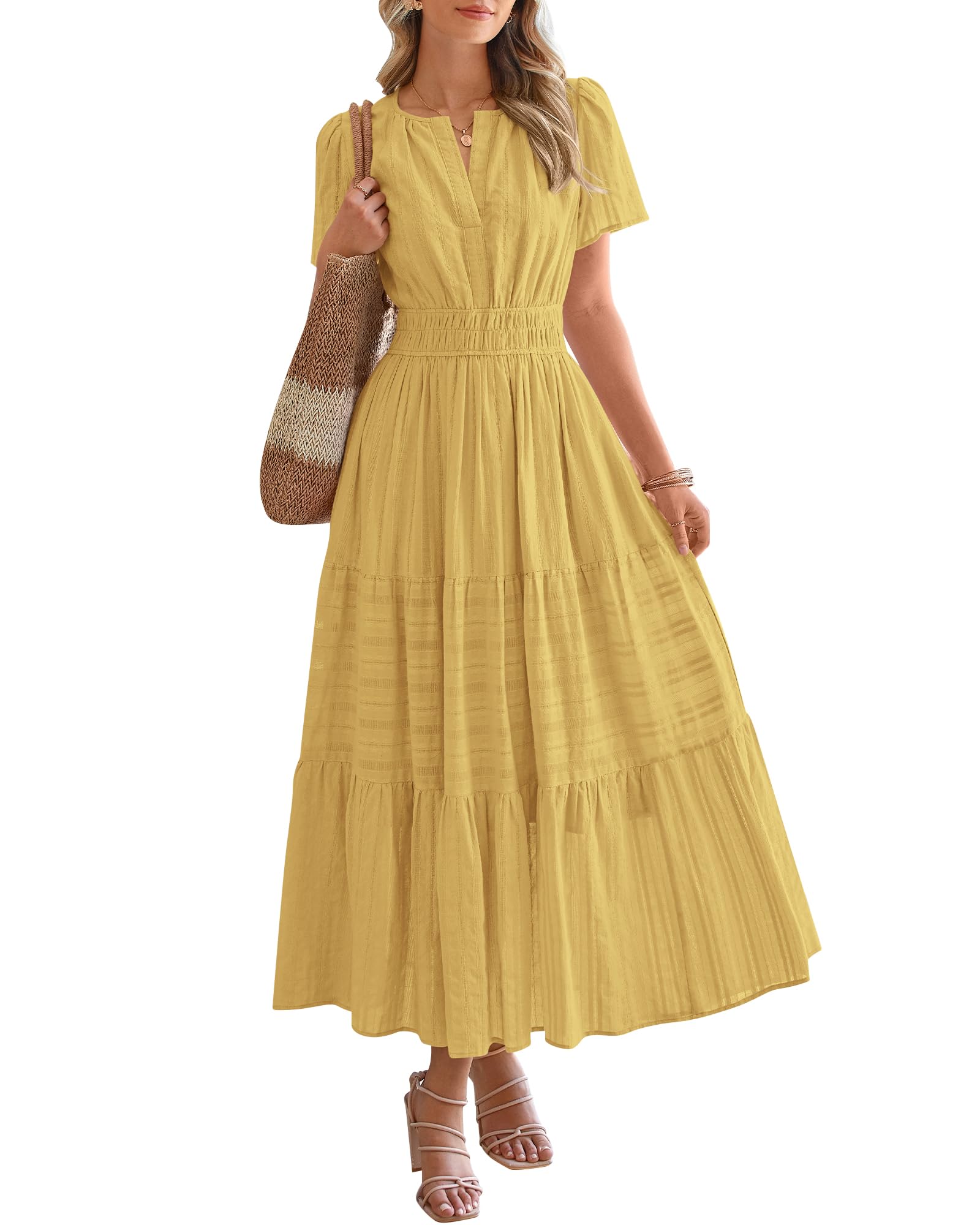 BTFBM Womens Summer Casual Midi Maxi Dresses Lightweight Short Sleeve V Neck Elastic Waist Boho Beach Dress Pockets