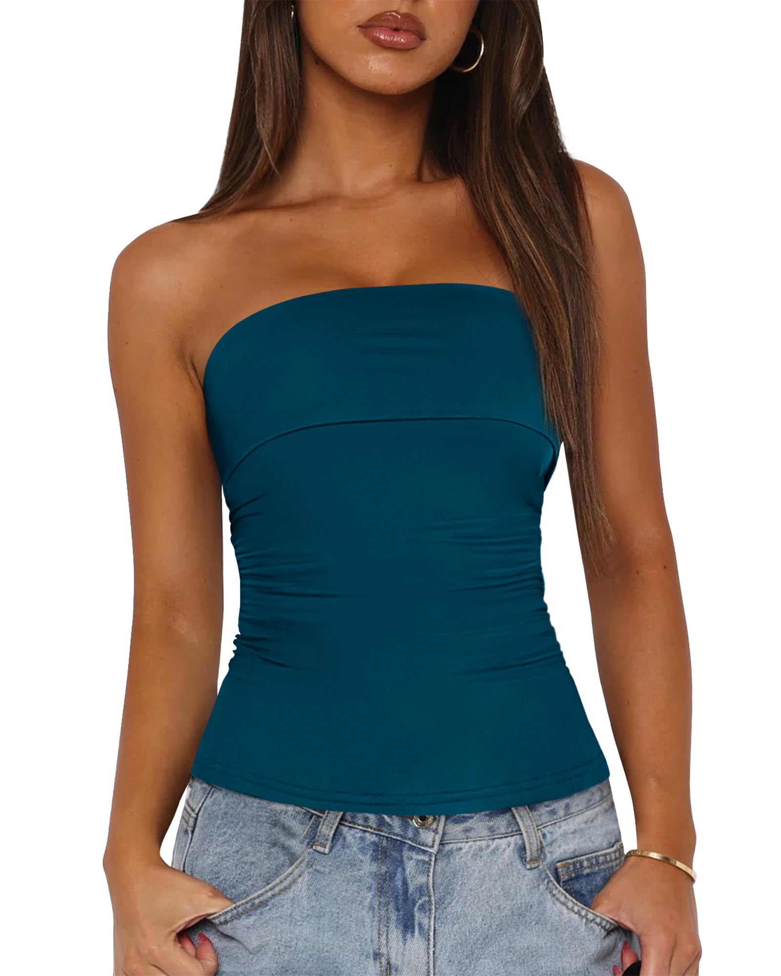 FreshPretty Womens Strapless Tube Tops Spring Summer Clothes Trendy Casual Ruched Stretchy Going Out Bodycon Bandeau Top