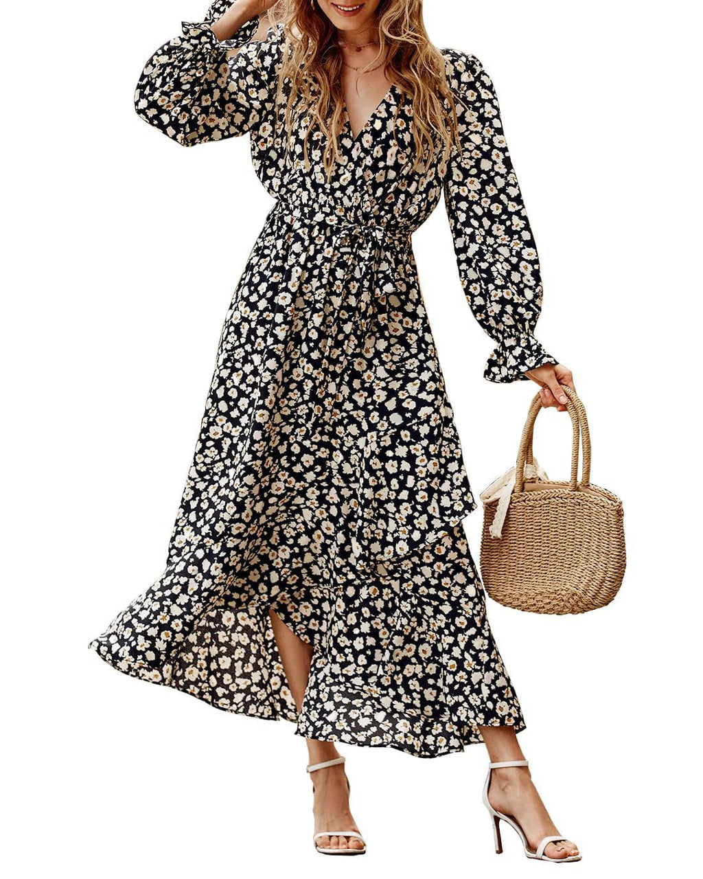 BTFBM Womens Dresses Summer V Neck Floral High Waist Ruffle Wedding Guest Cocktail Boho Spring Long Sleeve Dress