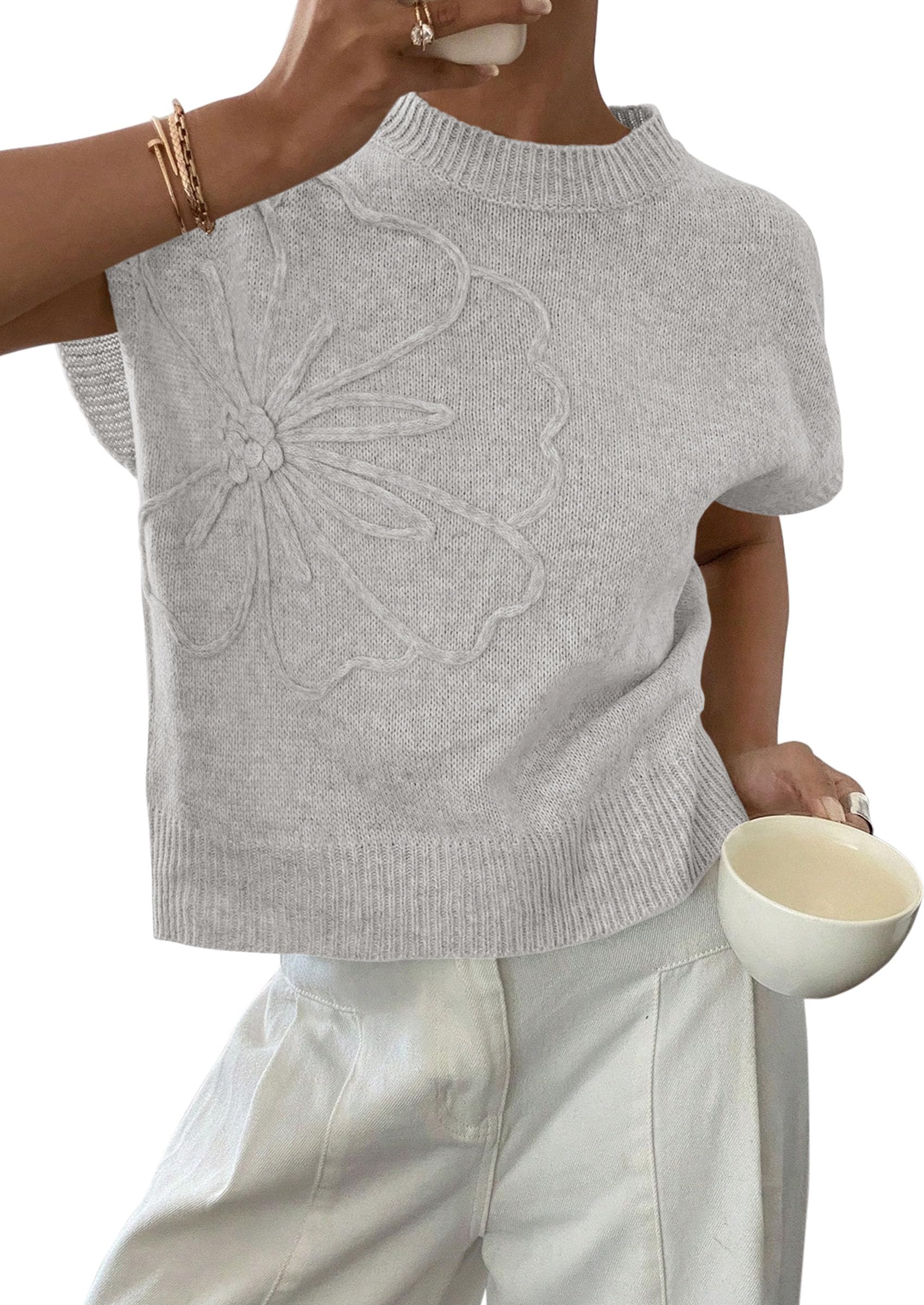 PRETTYGARDEN Women's Spring Sweater Vest Trendy Flower Knit Short Sleeve Cute Pullover Tank Tops Summer Fashion Clothing