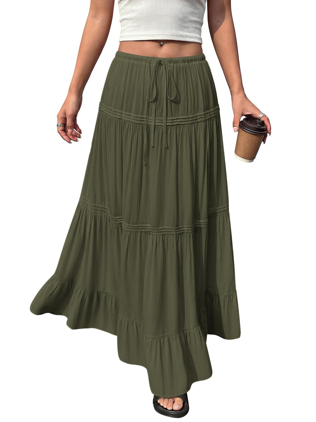 BTFBM Spring Skirts for Women Summer Boho Beach Vacation Clothes Casual Pleated High Waisted Flowy Maxi Skirt