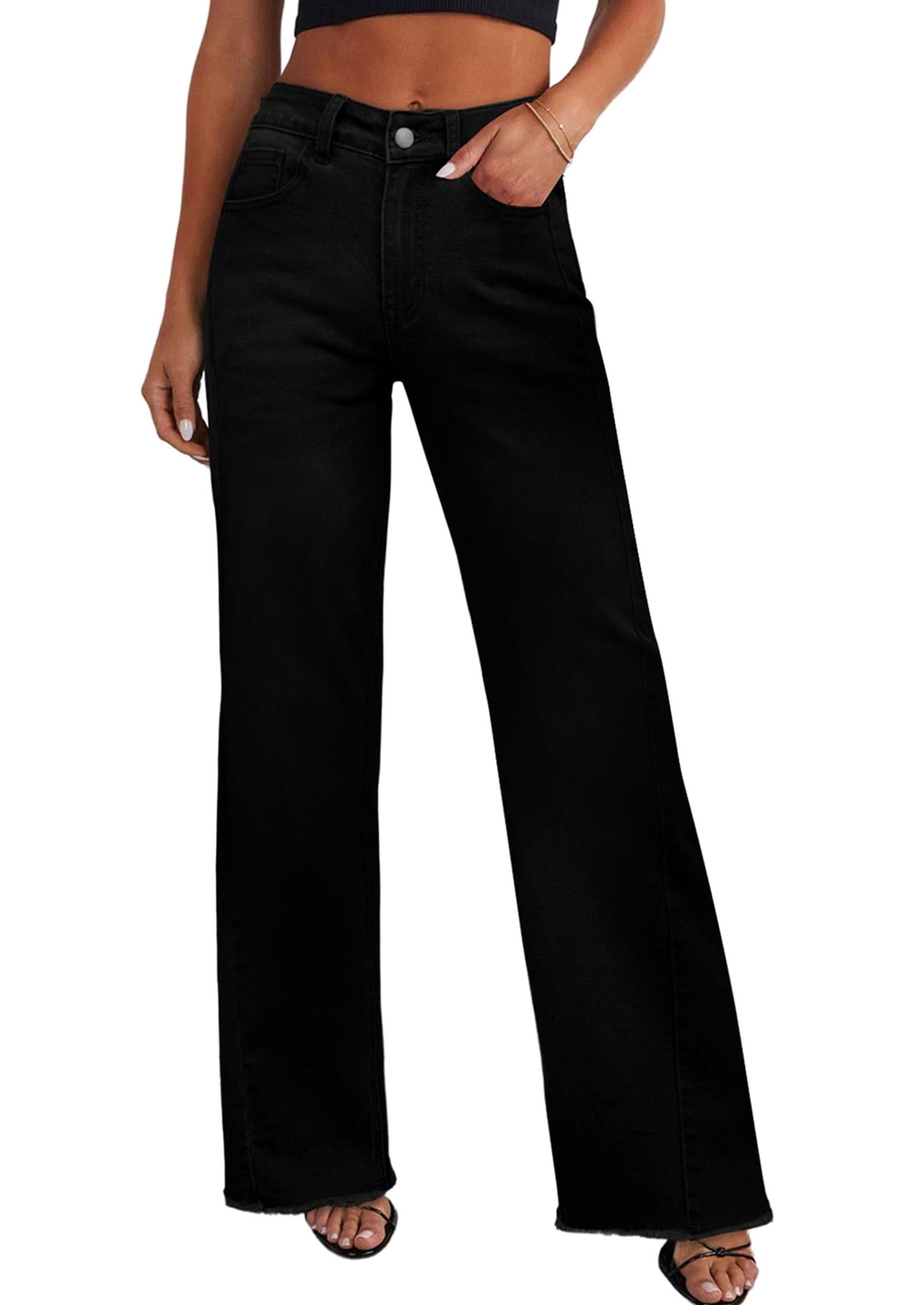 PRETTYGARDEN Wide Leg Jeans for Women Trendy High Waisted Stretchy Baggy Raw Hem Denim Palazzo Pants Fall Clothes