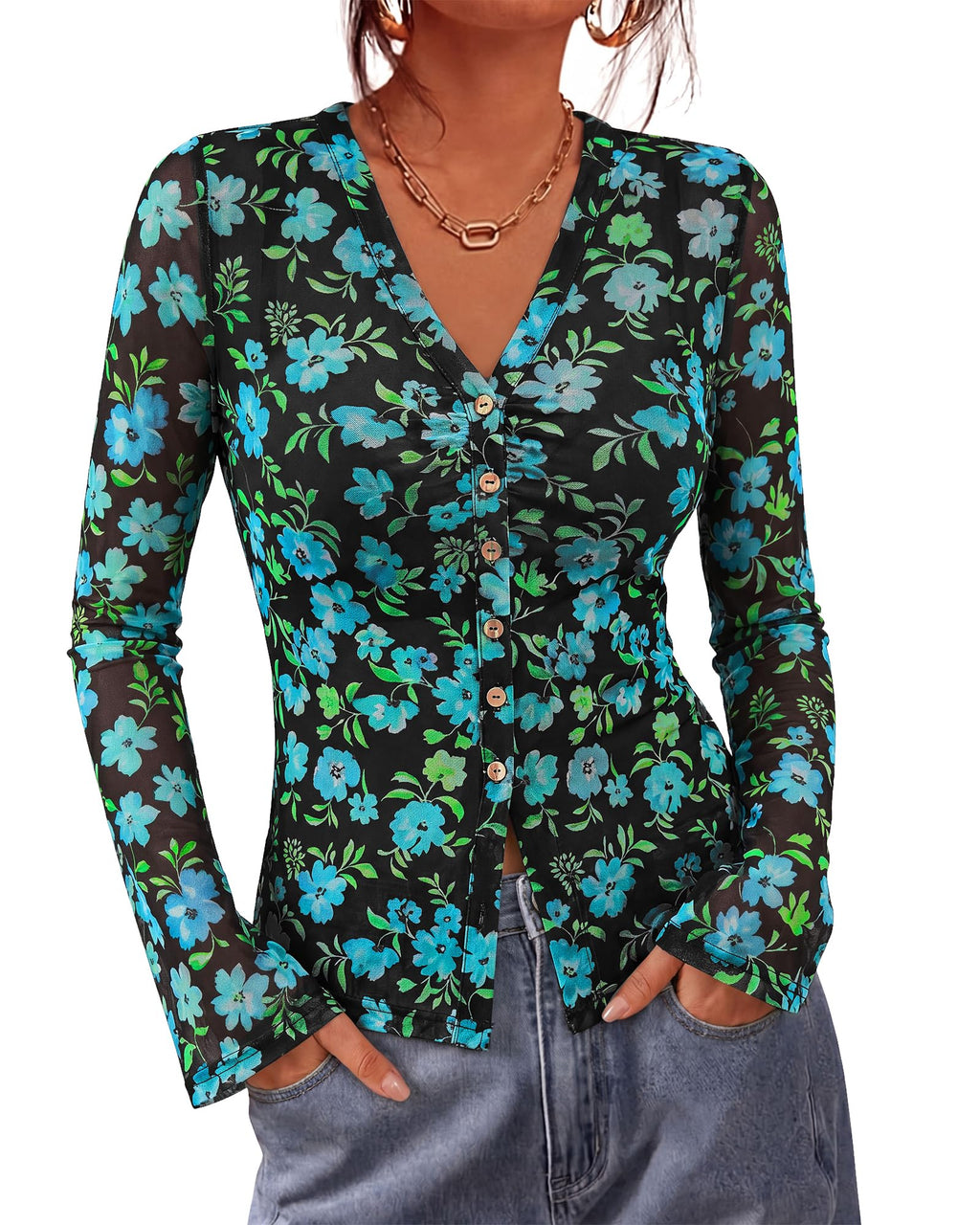 BTFBM Button Down Shirts for Women Spring Boho Tops V Neck Long Sleeve Blouses Ruched Mesh Fitted Fall Fashion